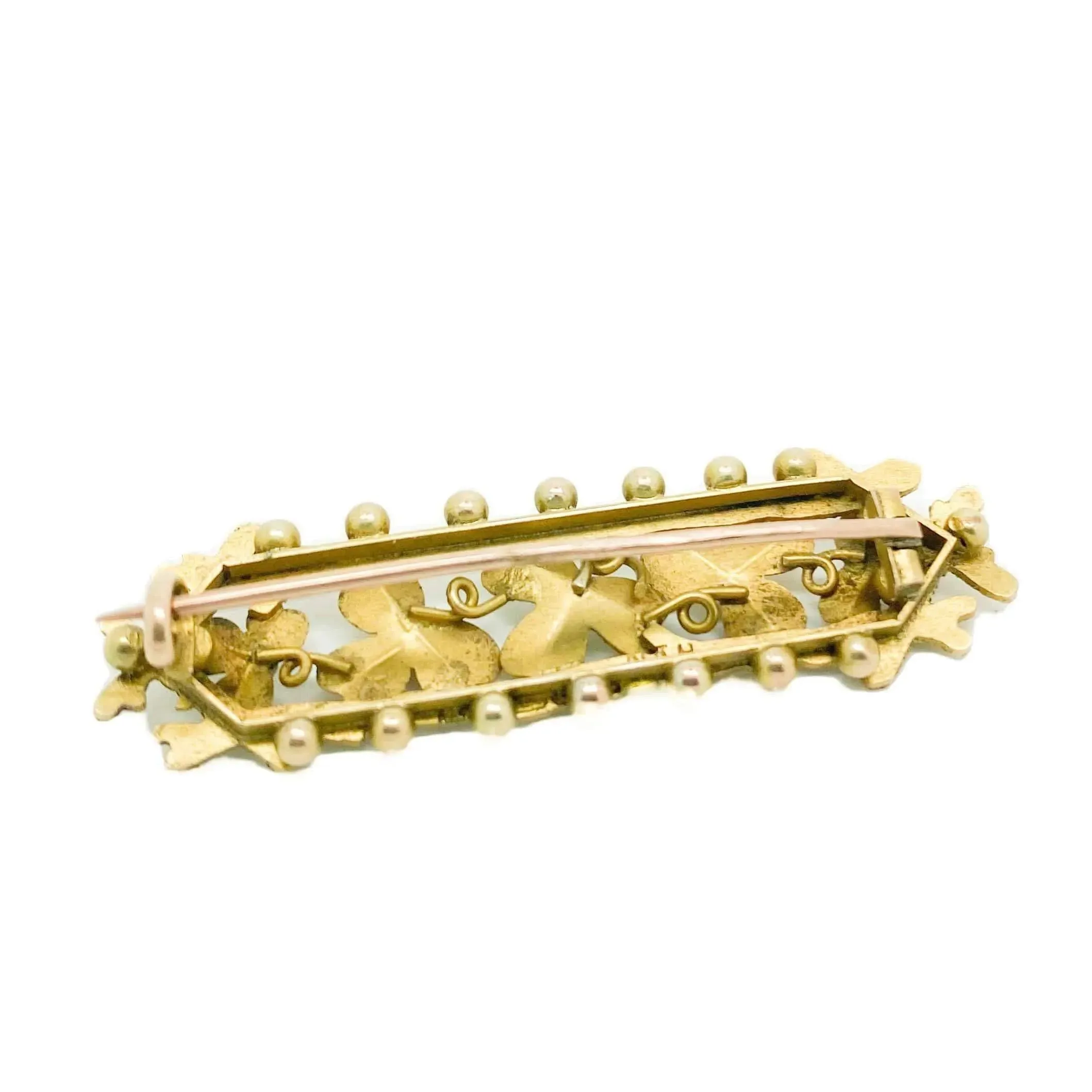 Antique Victorian Shamrock Pearl 15ct Yellow Gold Brooch