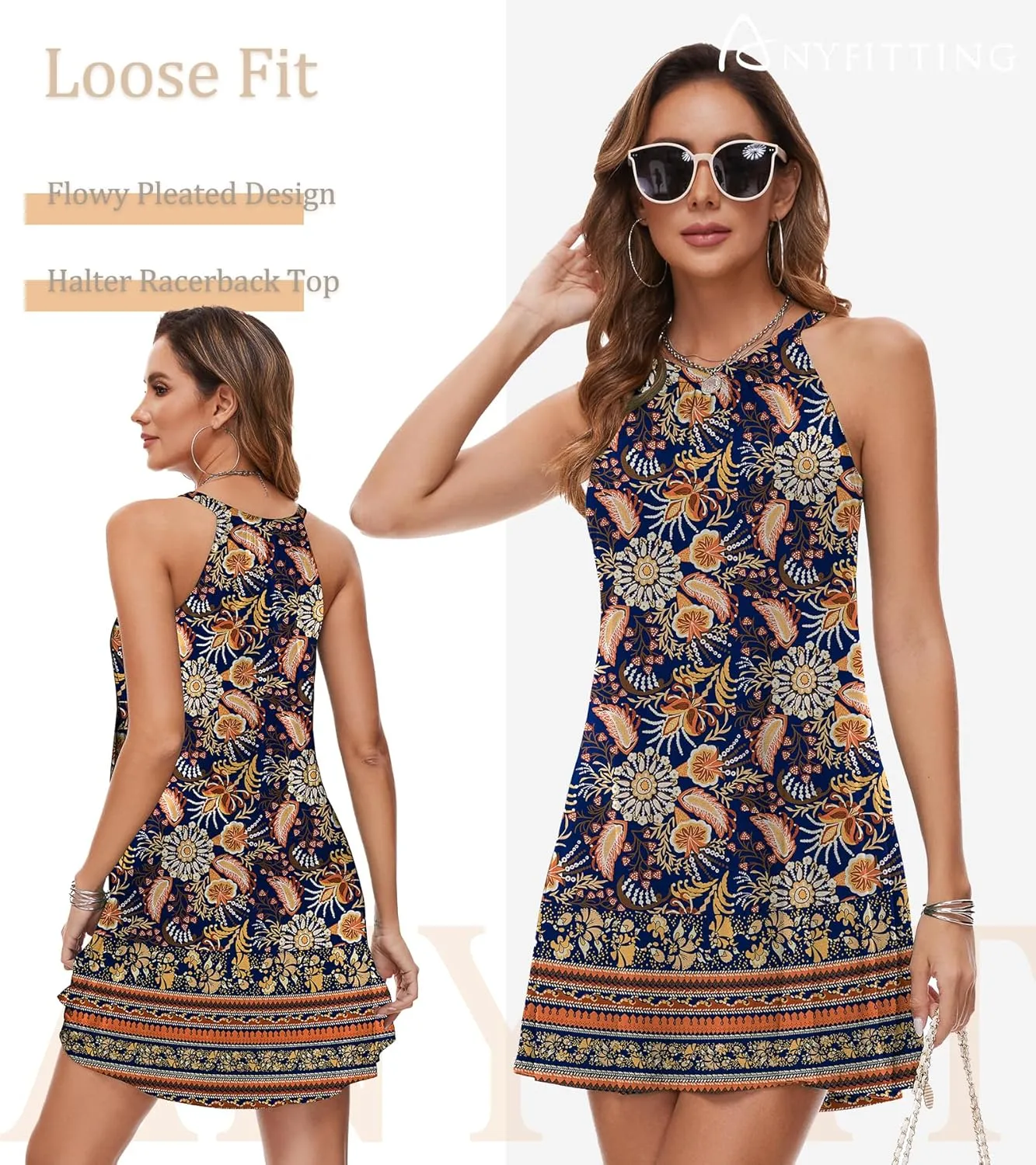 ANYFITTING Summer Dress with Built in Bra Casual Beach Sundress Flowy Halter Mini Short Dresses for Women 2025