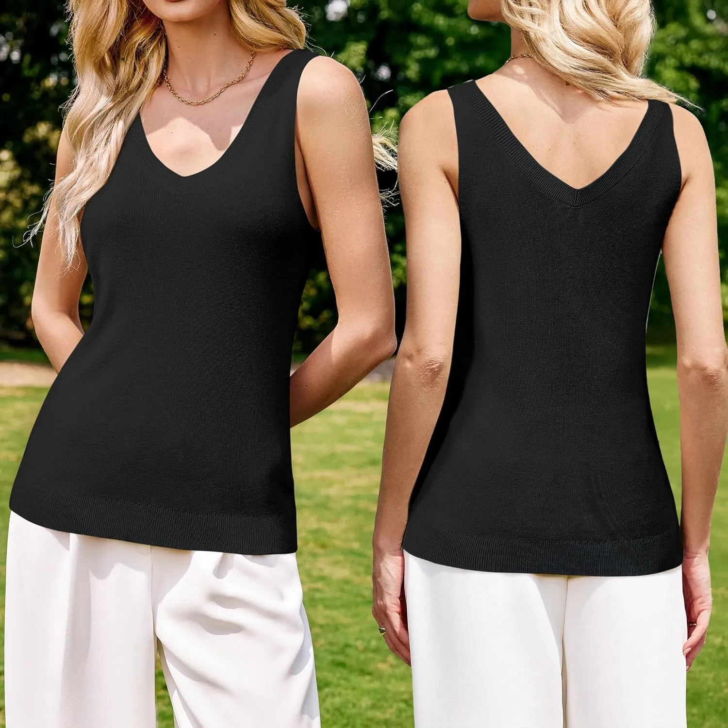 Arach&Cloz 2025 Women's Non See Through Tank Tops Lightweight Double V Neck Summer Sleeveless Knit Business Casual Outfits