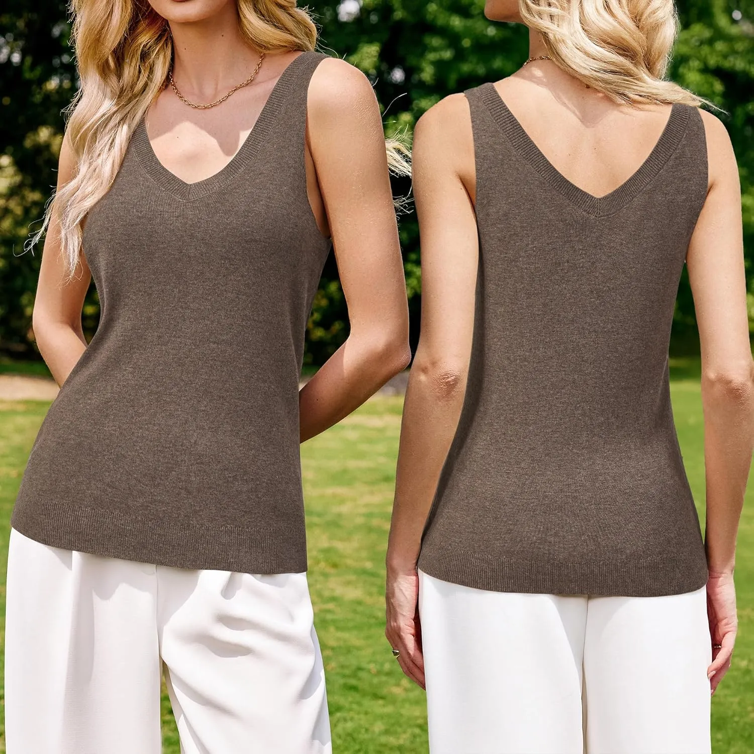 Arach&Cloz 2025 Women's Non See Through Tank Tops Lightweight Double V Neck Summer Sleeveless Knit Business Casual Outfits