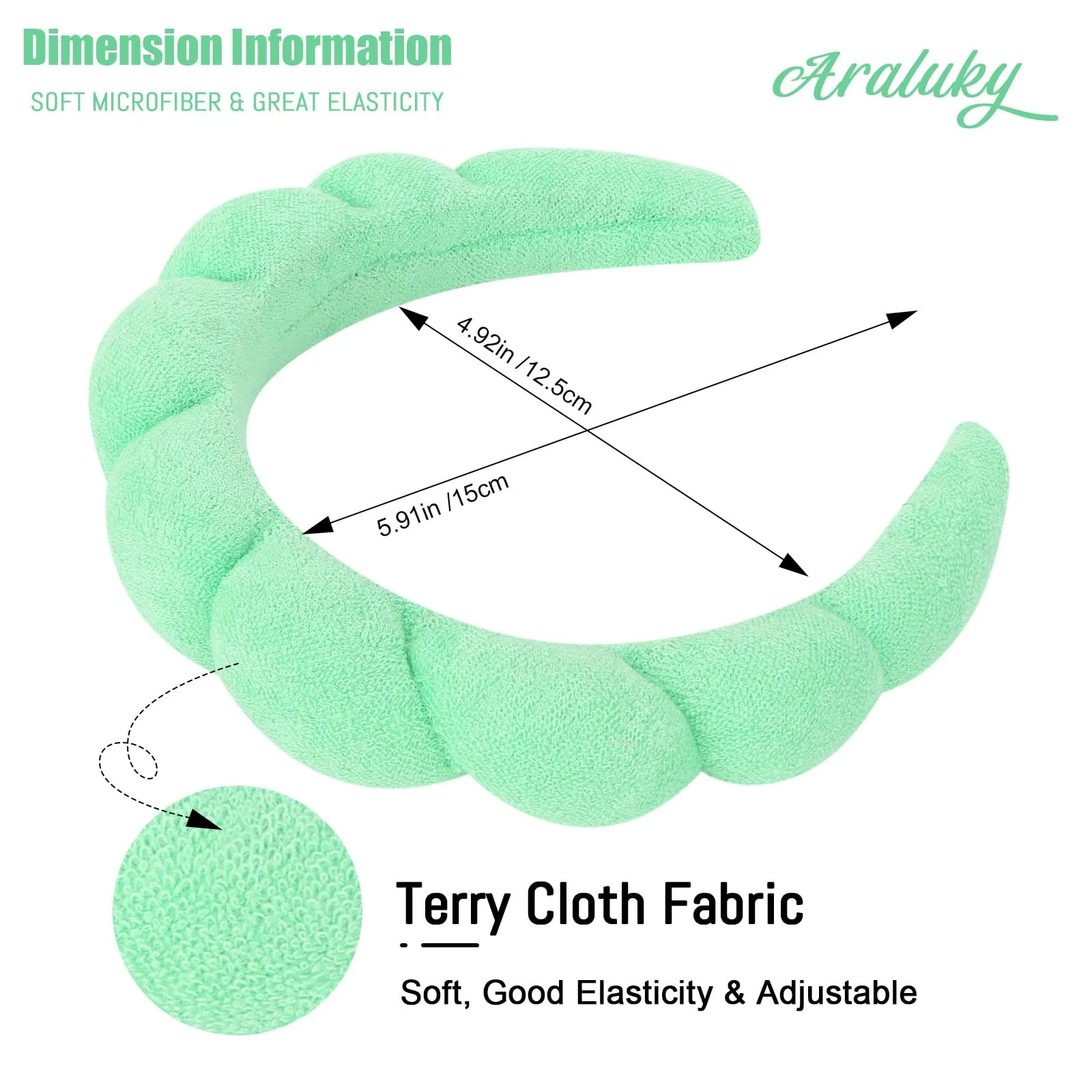 Araluky Women's Spa Headband for Washing Face, Makeup Removal, and Shower - Terry Cloth Puffy Sponge Headband with Hair Accessories (Green)