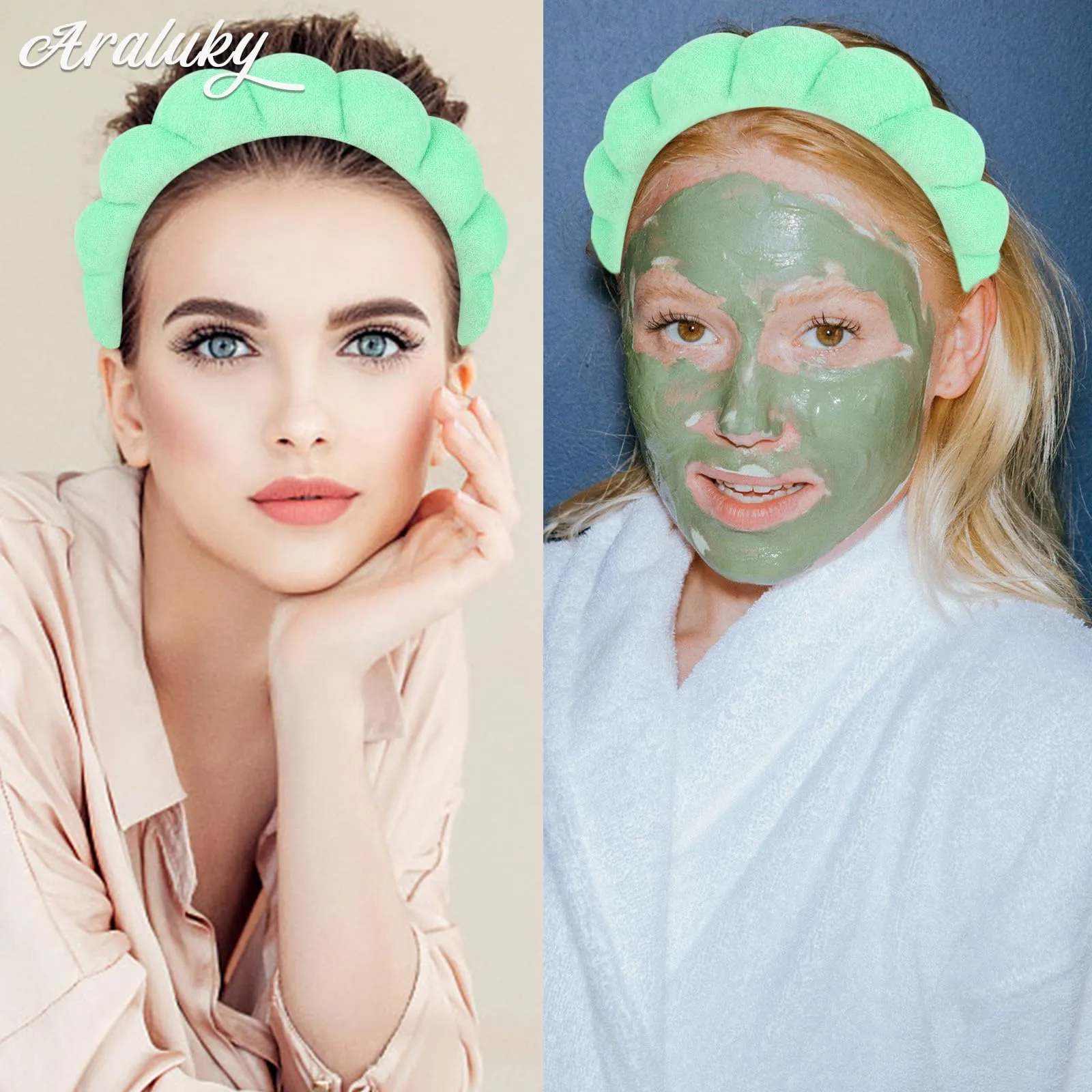 Araluky Women's Spa Headband for Washing Face, Makeup Removal, and Shower - Terry Cloth Puffy Sponge Headband with Hair Accessories (Green)