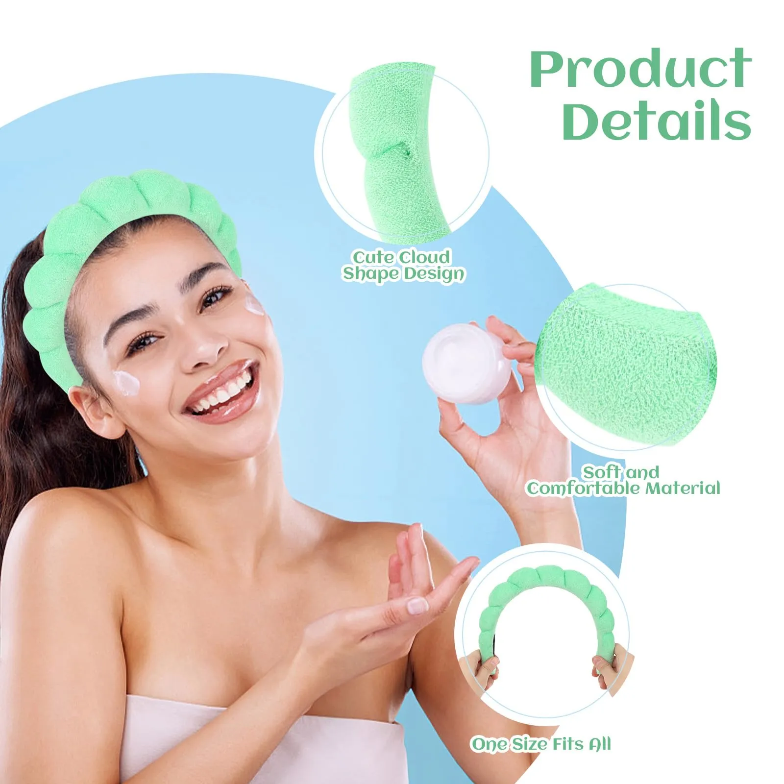 Araluky Women's Spa Headband for Washing Face, Makeup Removal, and Shower - Terry Cloth Puffy Sponge Headband with Hair Accessories (Green)