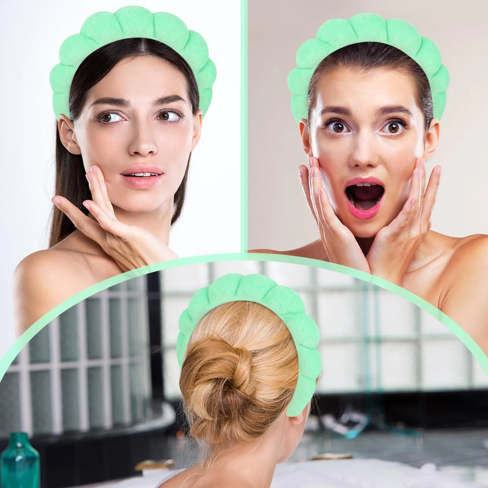 Araluky Women's Spa Headband for Washing Face, Makeup Removal, and Shower - Terry Cloth Puffy Sponge Headband with Hair Accessories (Green)