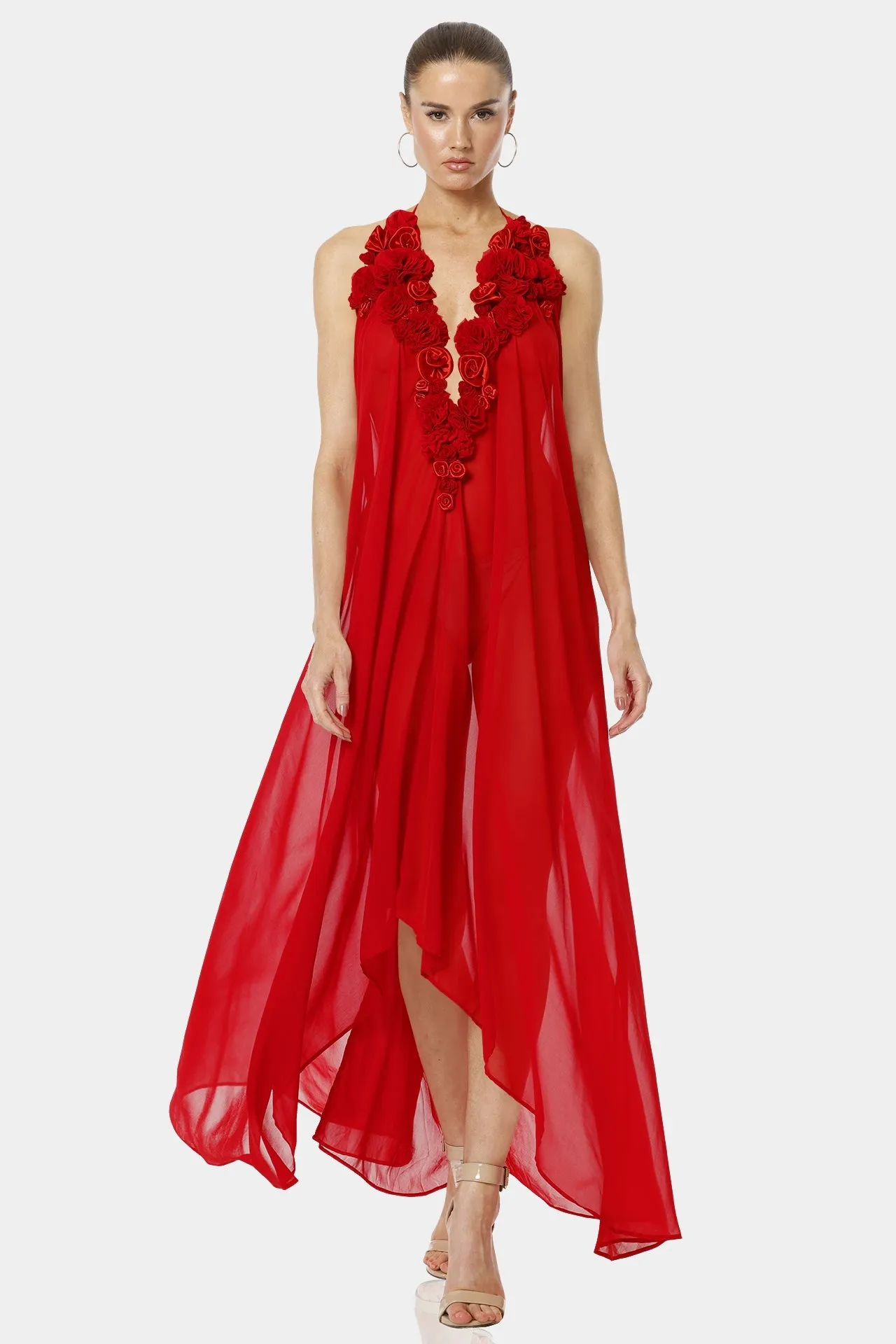 Architect's House Hot Red Sheer Maxi Dress With 3D Flower Neckline