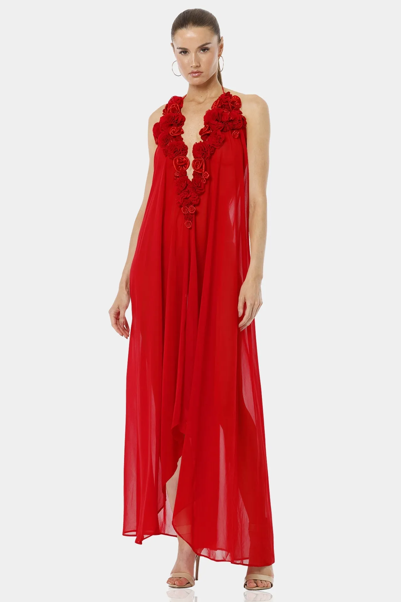 Architect's House Hot Red Sheer Maxi Dress With 3D Flower Neckline