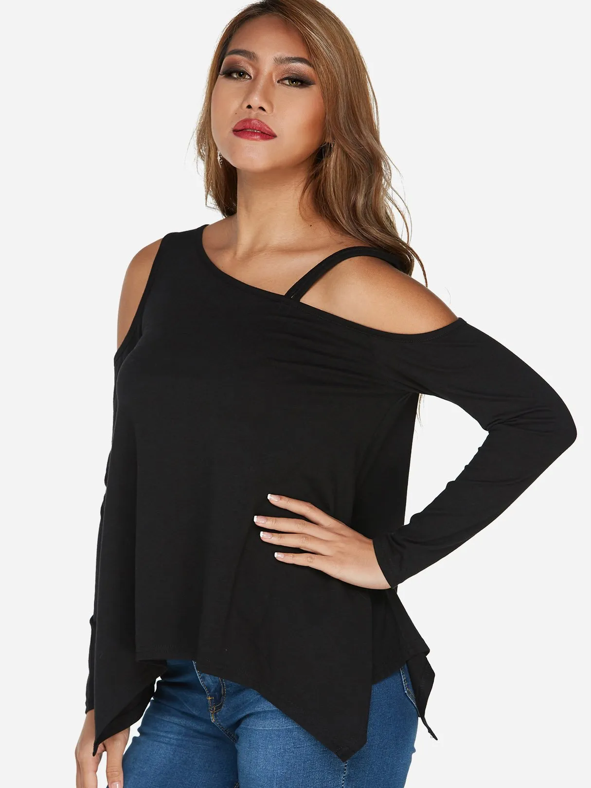 Asymmetrical Cold Shoulder Cut Out Long Sleeve Irregular Hem Black T-Shirts