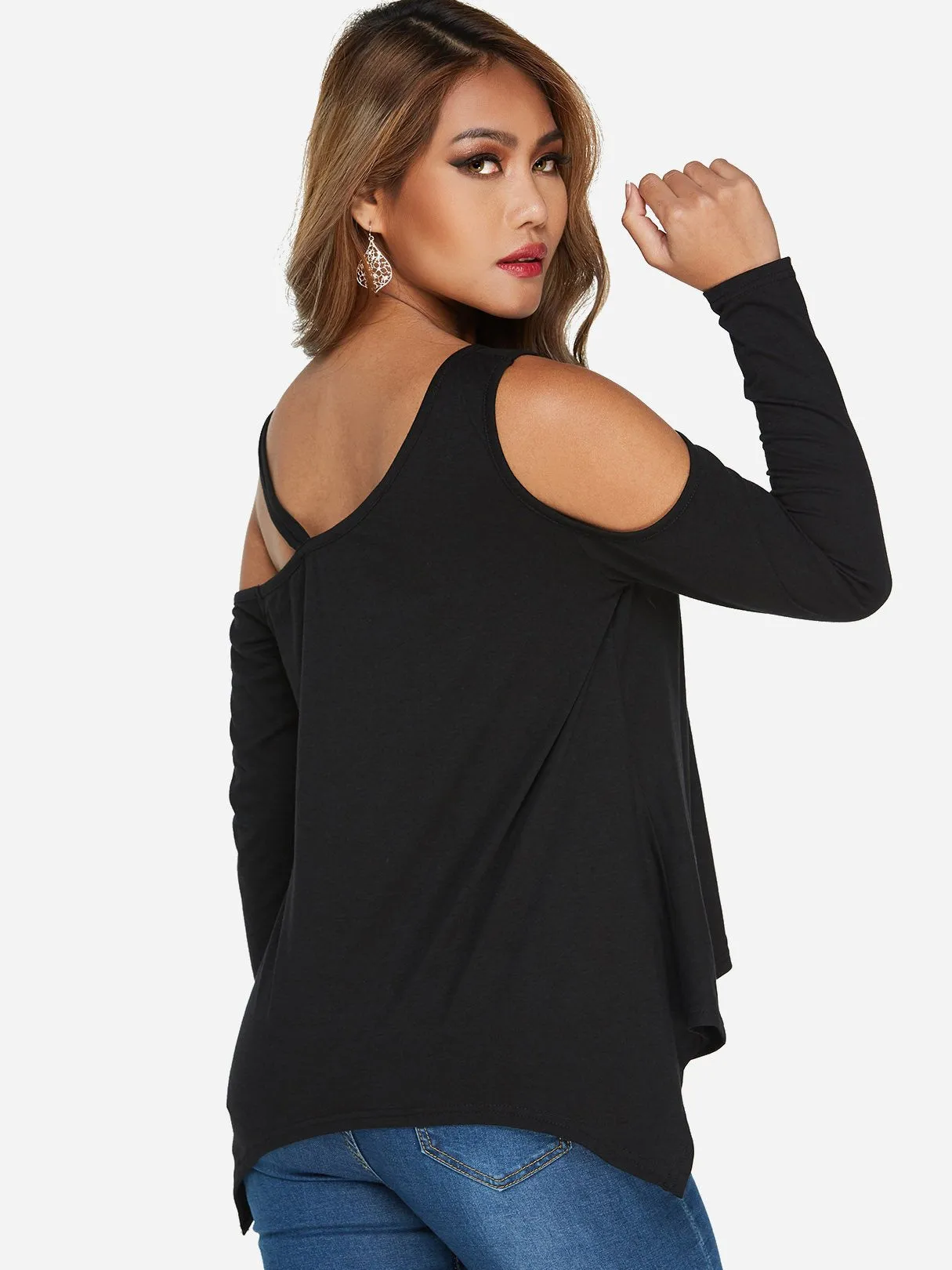 Asymmetrical Cold Shoulder Cut Out Long Sleeve Irregular Hem Black T-Shirts