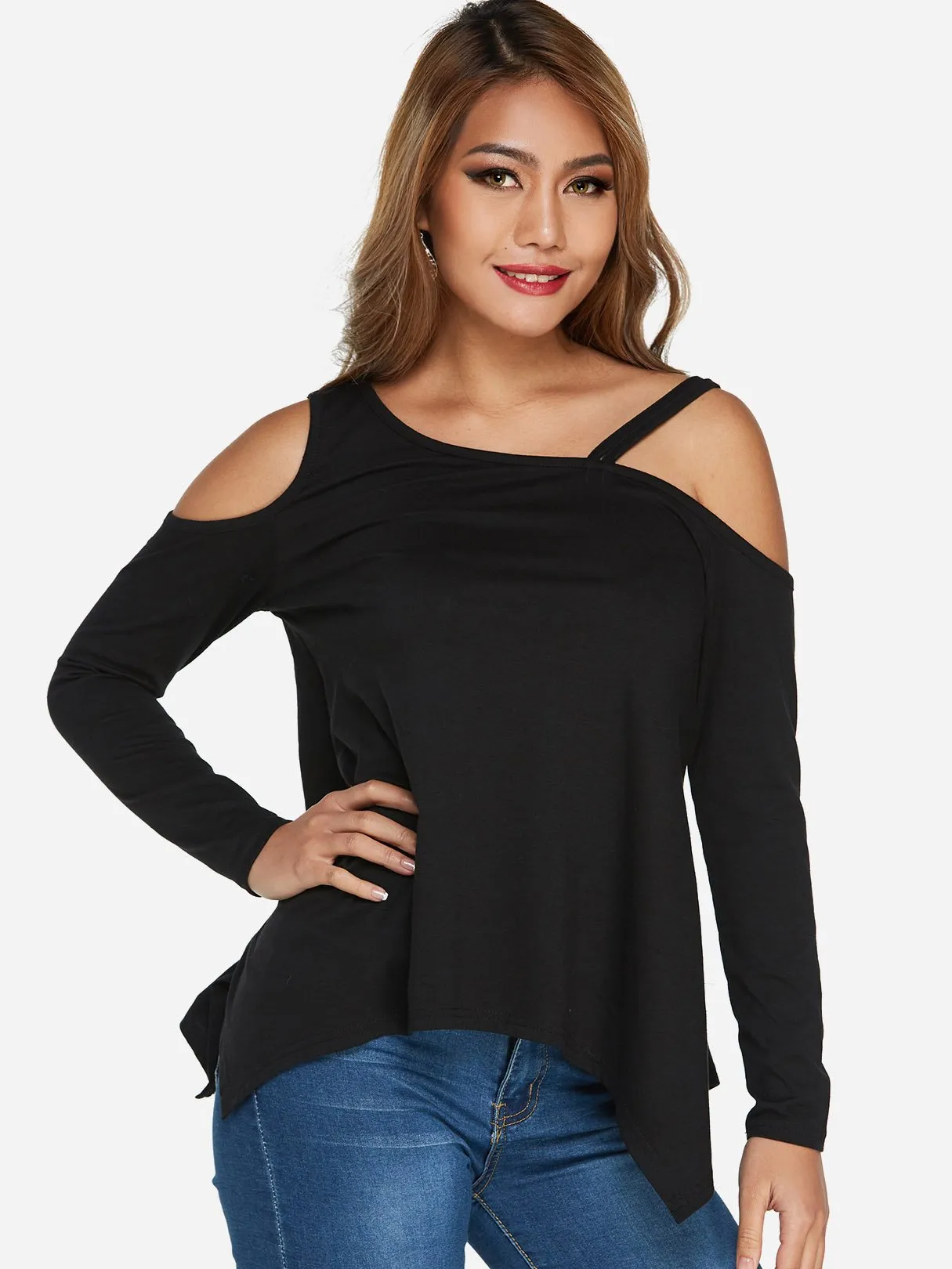 Asymmetrical Cold Shoulder Cut Out Long Sleeve Irregular Hem Black T-Shirts