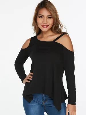 Asymmetrical Cold Shoulder Cut Out Long Sleeve Irregular Hem Black T-Shirts