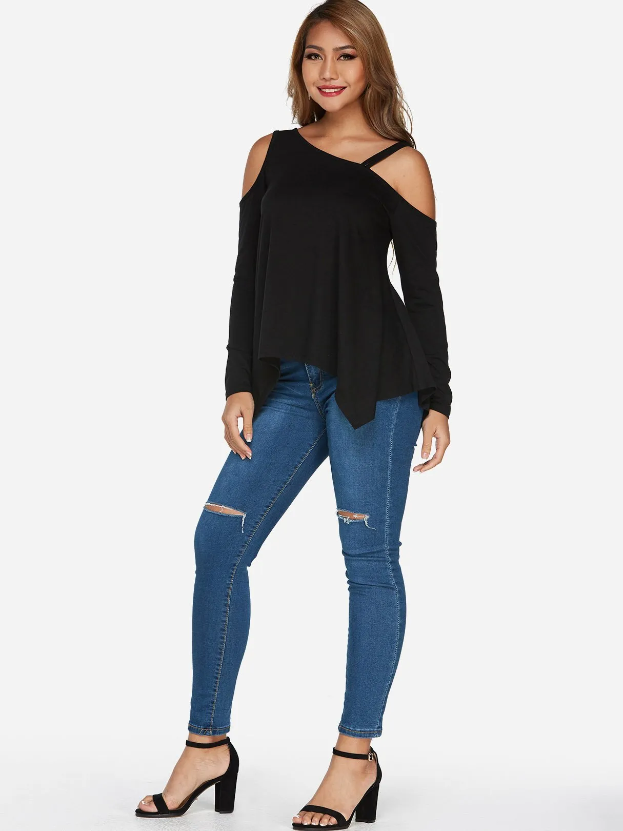 Asymmetrical Cold Shoulder Cut Out Long Sleeve Irregular Hem Black T-Shirts