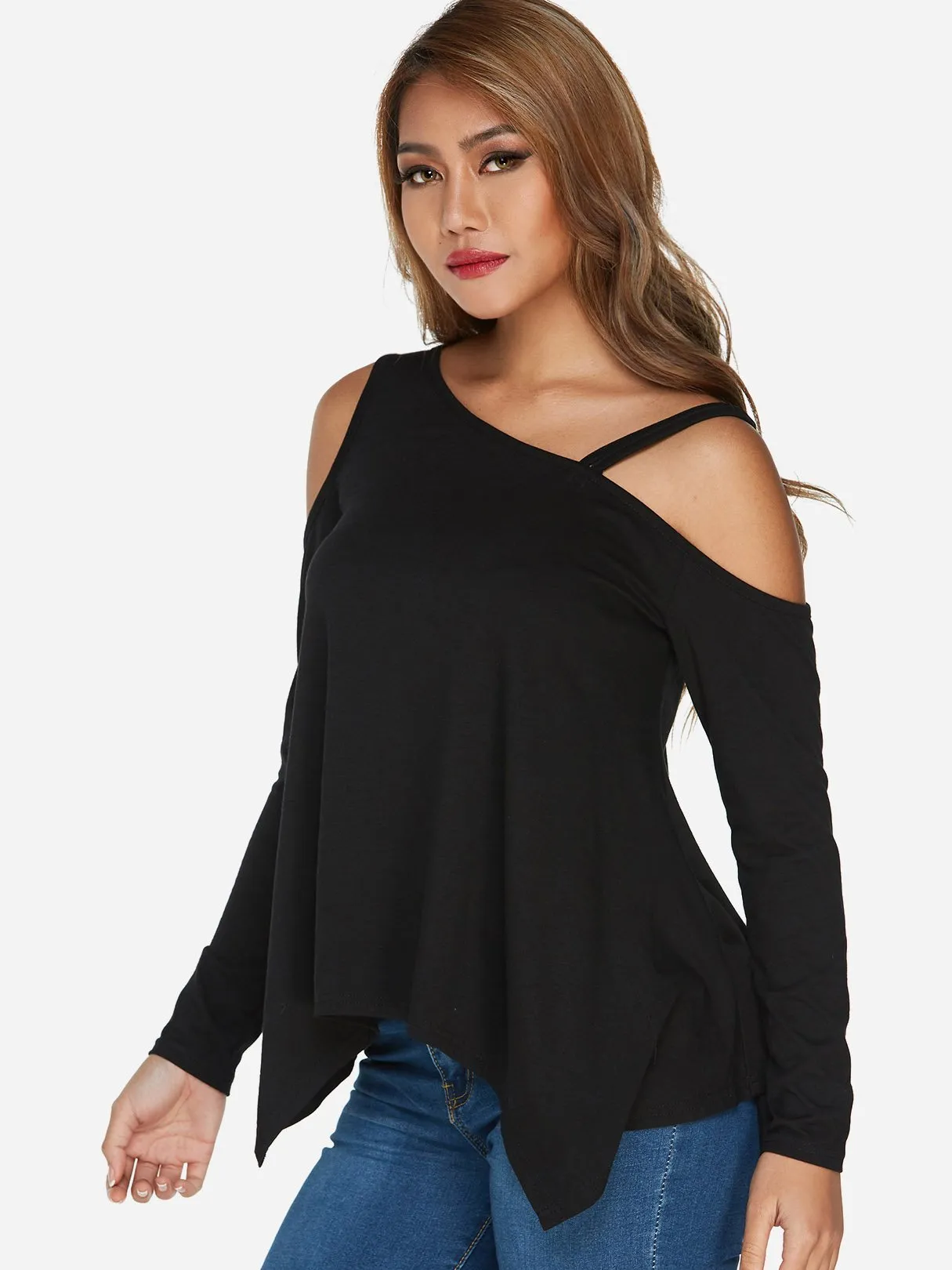 Asymmetrical Cold Shoulder Cut Out Long Sleeve Irregular Hem Black T-Shirts