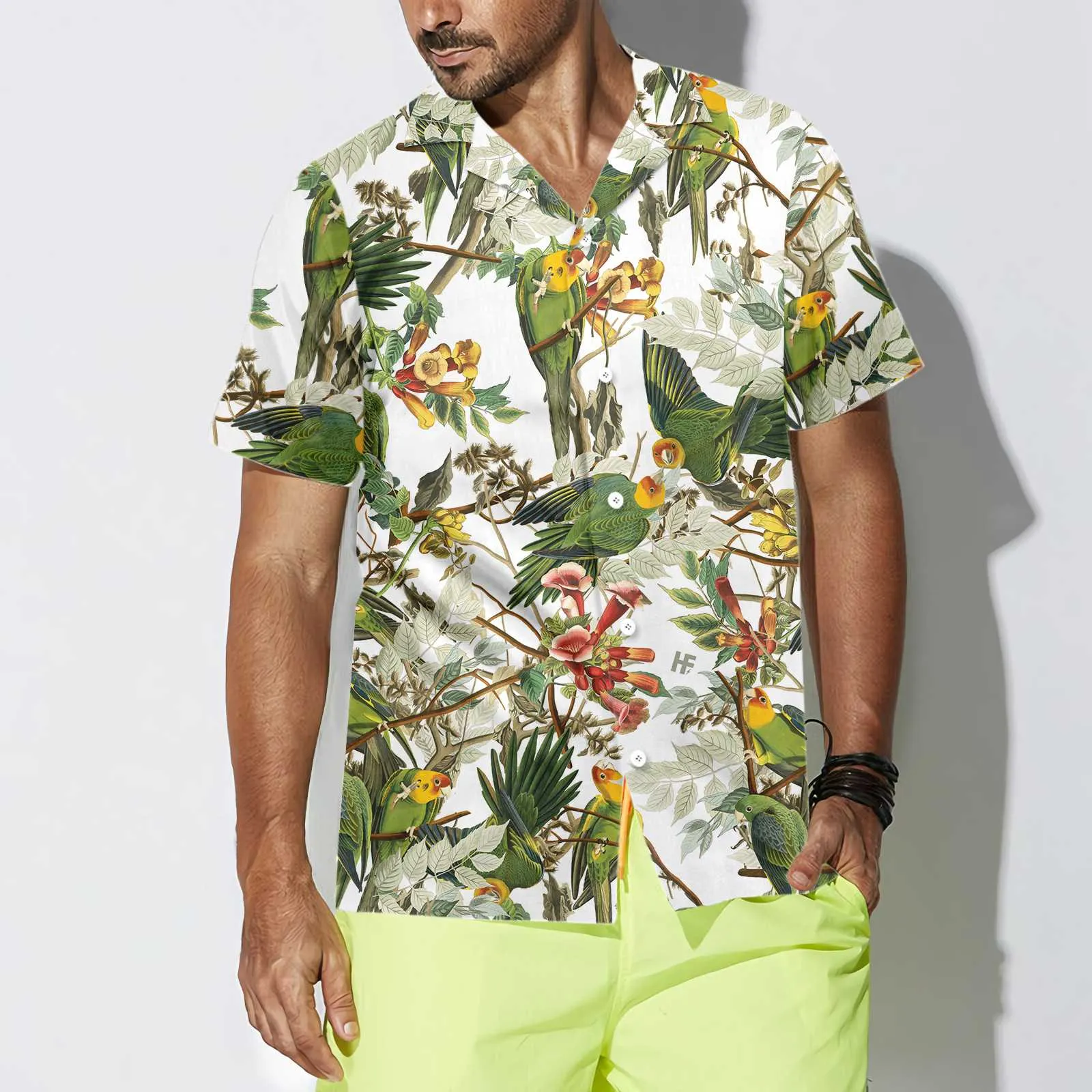 Audubon Carolina Parrot Hawaiian Shirt, Tropical Flower Aloha Shirt For Men & Women, Best Gift For Summer, Husband, Wife, Boyfriend, Girlfriend