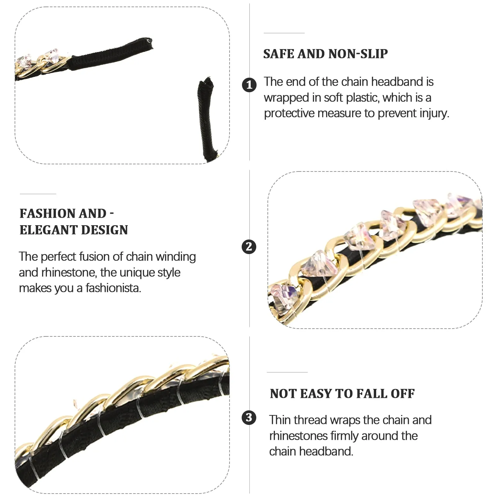 AWAYTR 3Pcs Women Chain Headband No Slip Metal Chained Hairband Rhinestone Headband Twist Gold Chain Hair Hoop Headband for Women Girls (Rhinestone(Black/Clear/Pink))