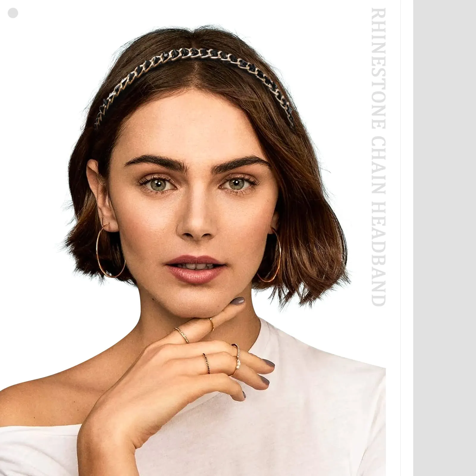 AWAYTR 3Pcs Women Chain Headband No Slip Metal Chained Hairband Rhinestone Headband Twist Gold Chain Hair Hoop Headband for Women Girls (Rhinestone(Black/Clear/Pink))