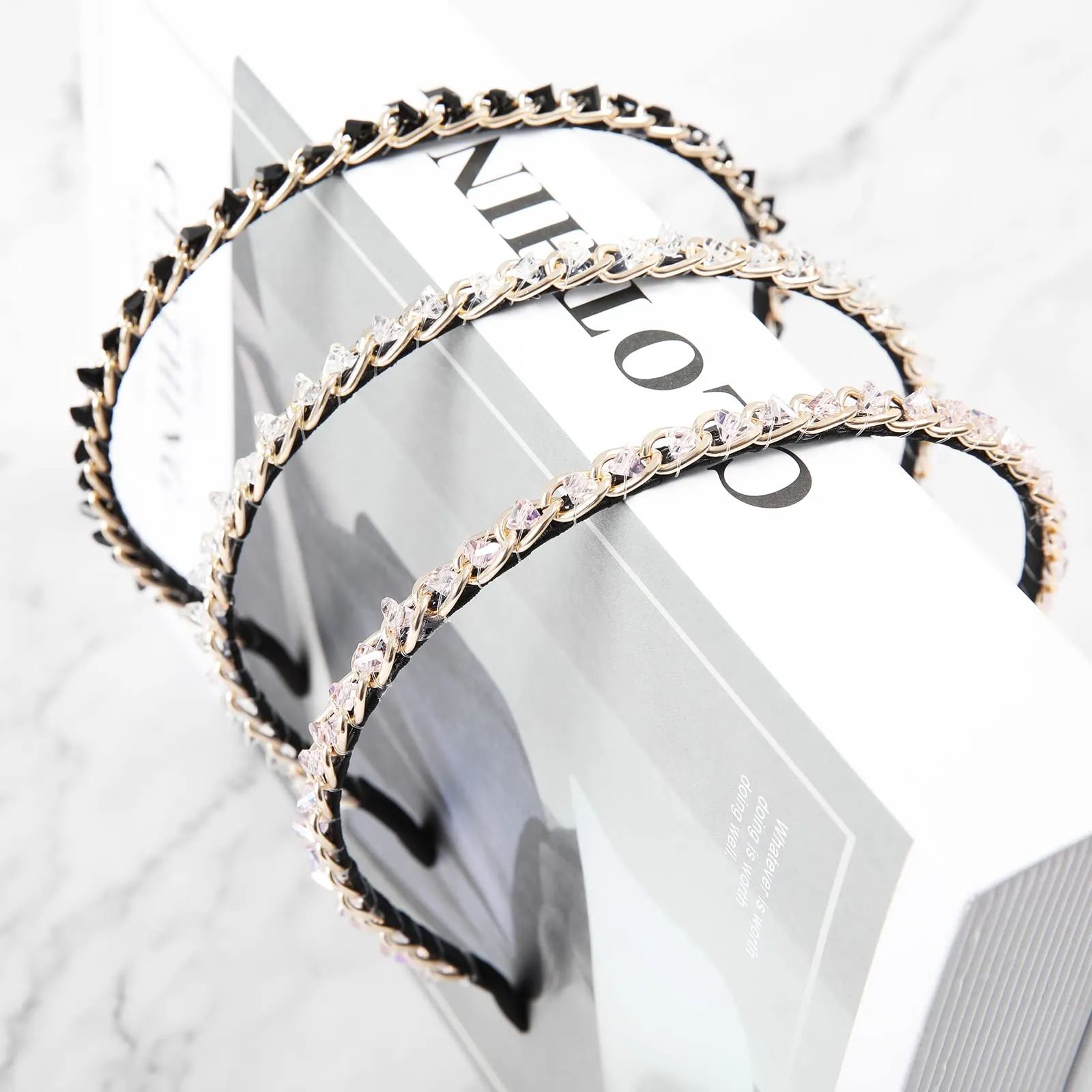 AWAYTR 3Pcs Women Chain Headband No Slip Metal Chained Hairband Rhinestone Headband Twist Gold Chain Hair Hoop Headband for Women Girls (Rhinestone(Black/Clear/Pink))