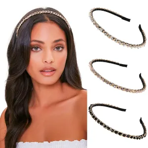 AWAYTR 3Pcs Women Chain Headband No Slip Metal Chained Hairband Rhinestone Headband Twist Gold Chain Hair Hoop Headband for Women Girls (Rhinestone(Black/Clear/Pink))