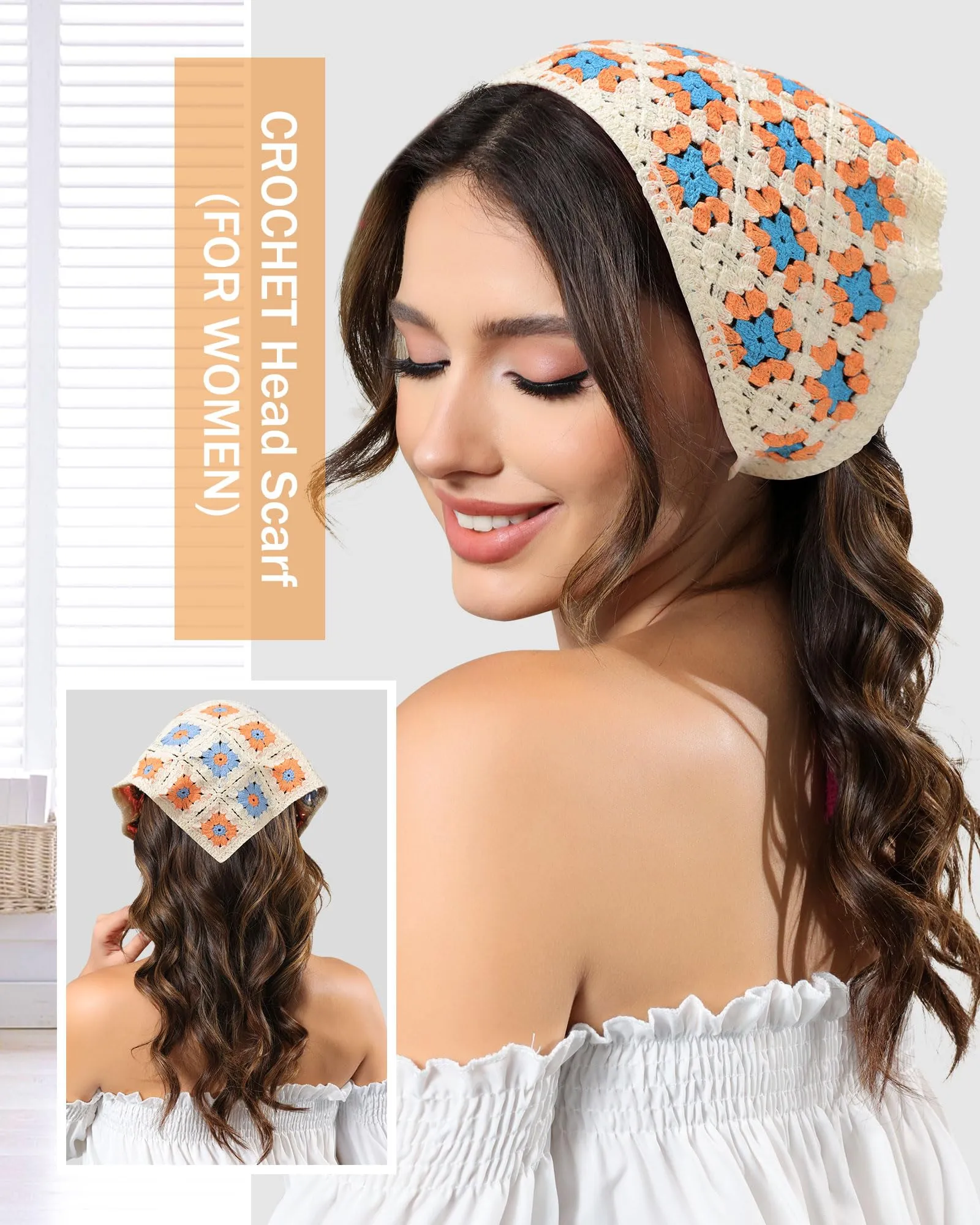 AWAYTR Crochet Head Scarf Hair Bandanas for Women Knit Bandana Headband Scarf Tie-Back Head Coverings Floral Headscarf for Girls (Orange   Blue)