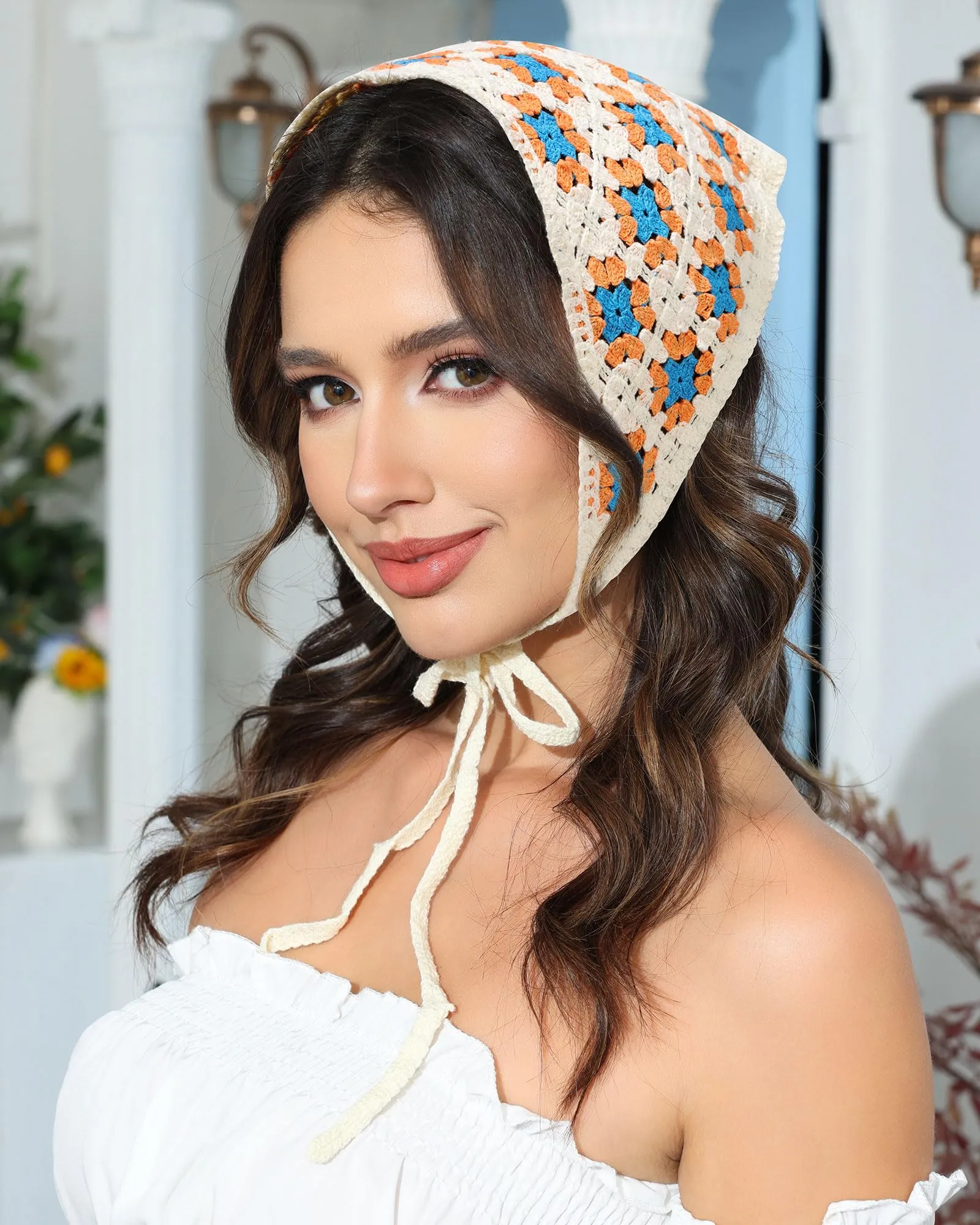 AWAYTR Crochet Head Scarf Hair Bandanas for Women Knit Bandana Headband Scarf Tie-Back Head Coverings Floral Headscarf for Girls (Orange   Blue)