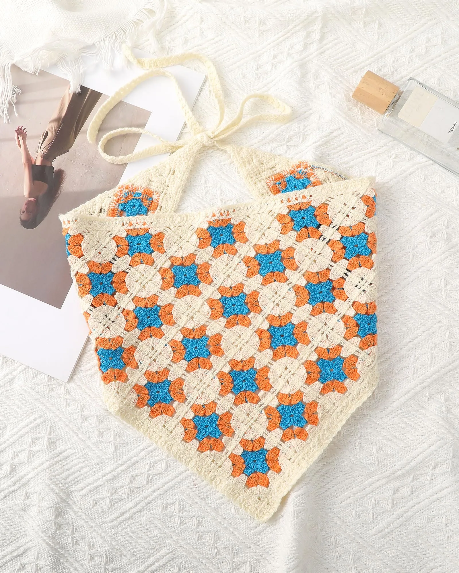 AWAYTR Crochet Head Scarf Hair Bandanas for Women Knit Bandana Headband Scarf Tie-Back Head Coverings Floral Headscarf for Girls (Orange   Blue)
