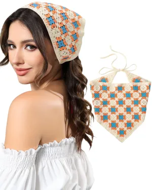 AWAYTR Crochet Head Scarf Hair Bandanas for Women Knit Bandana Headband Scarf Tie-Back Head Coverings Floral Headscarf for Girls (Orange   Blue)