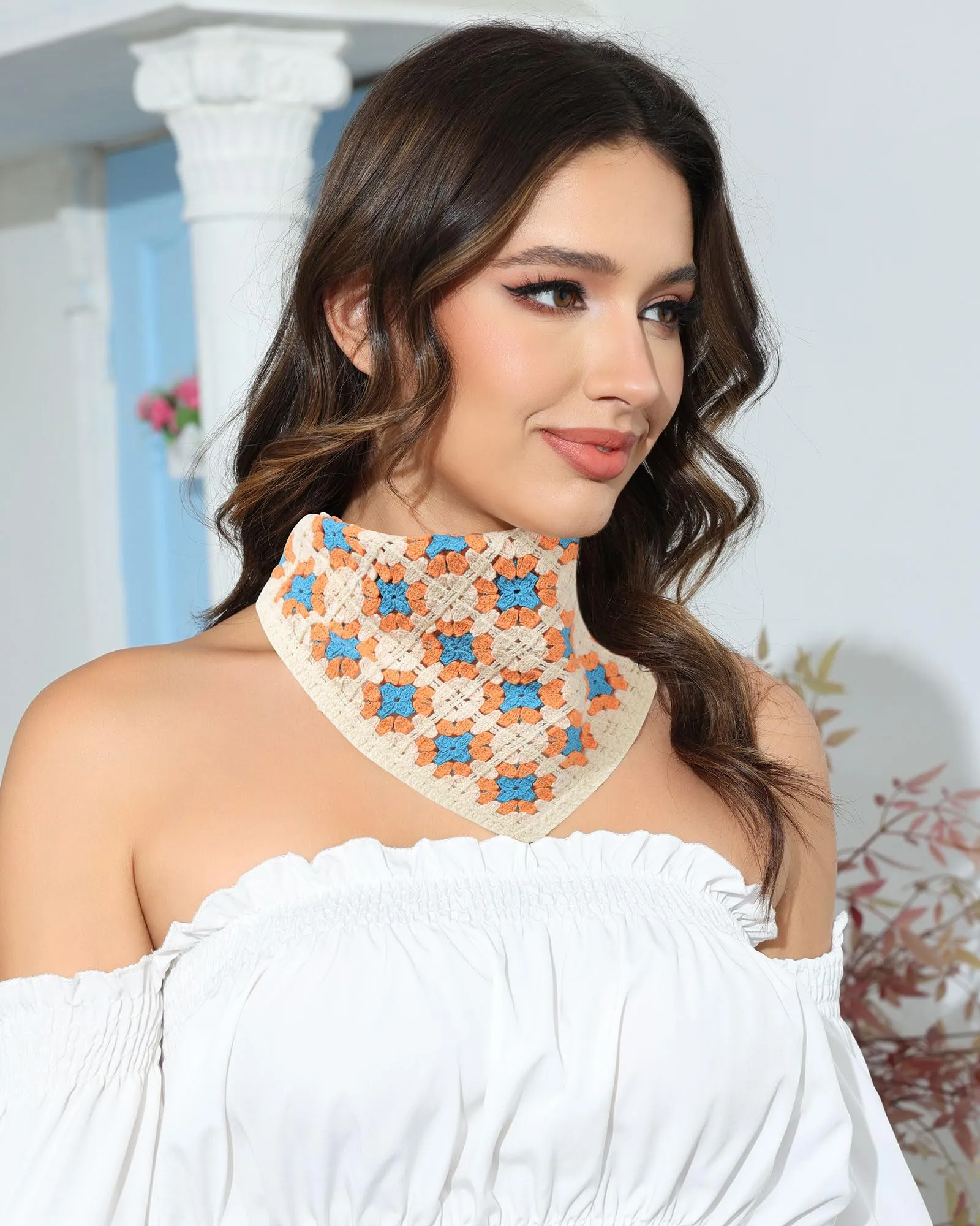 AWAYTR Crochet Head Scarf Hair Bandanas for Women Knit Bandana Headband Scarf Tie-Back Head Coverings Floral Headscarf for Girls (Orange   Blue)