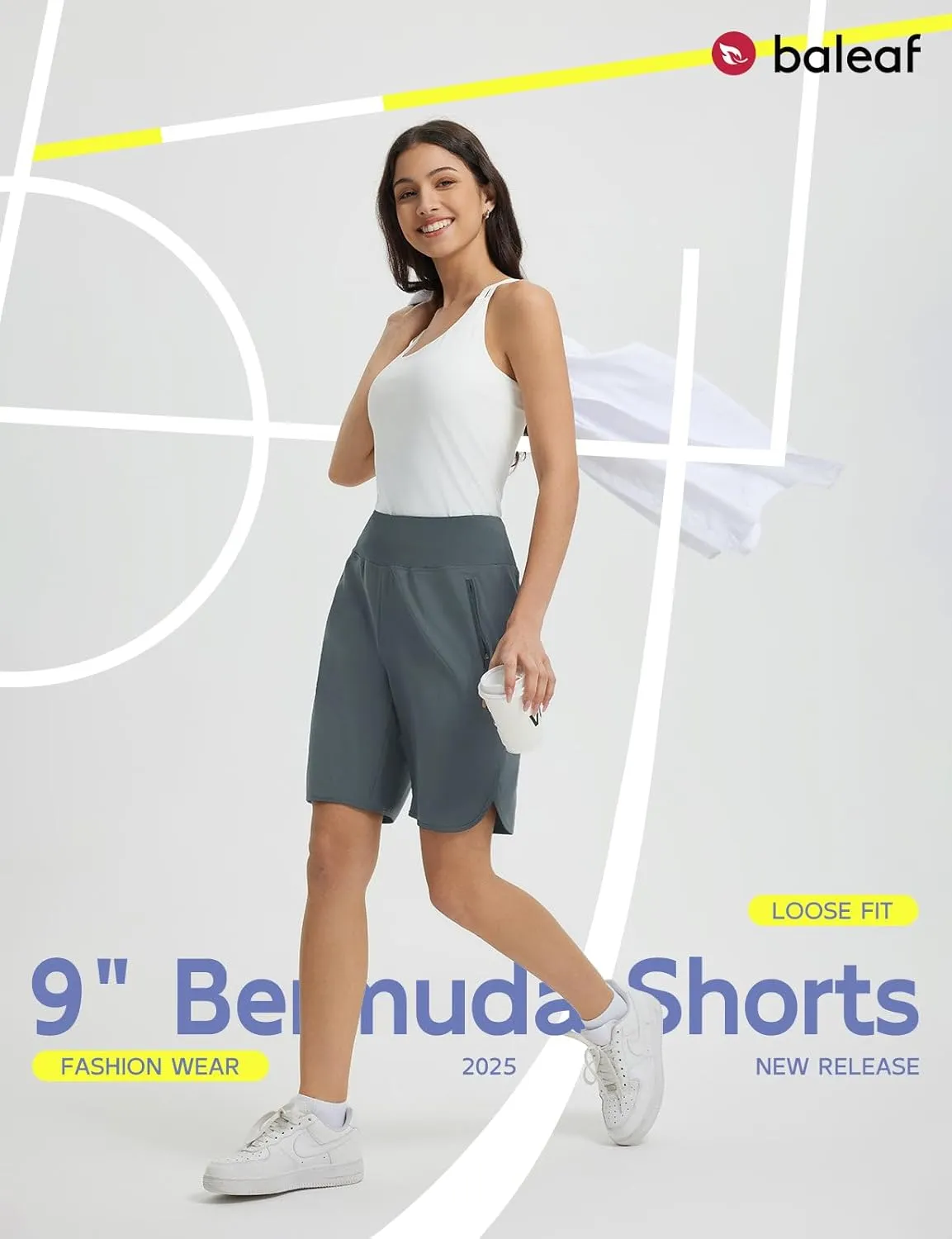 baleaf Women's Bermuda Long Shorts 9" Knee Length Athletic Running Shorts with Zip Pockets Stretch Loose Summer UPF 50 