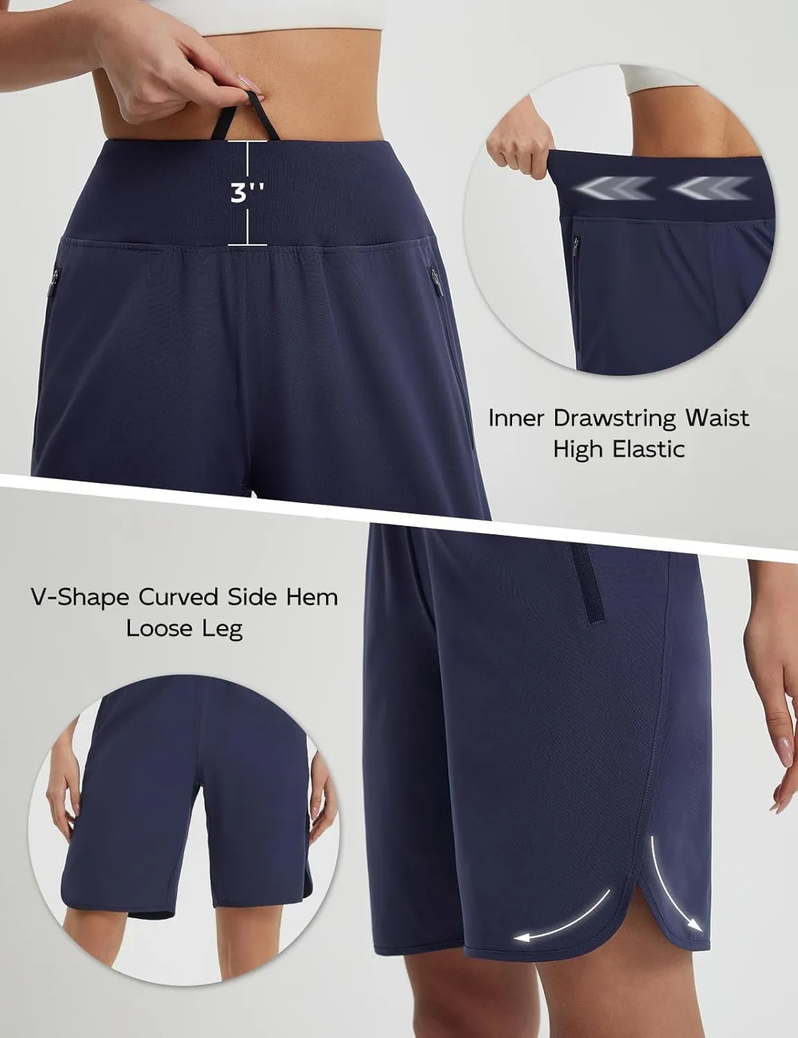 baleaf Women's Bermuda Long Shorts 9" Knee Length Athletic Running Shorts with Zip Pockets Stretch Loose Summer UPF 50 