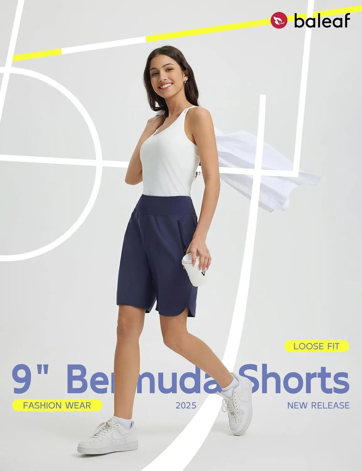 baleaf Women's Bermuda Long Shorts 9" Knee Length Athletic Running Shorts with Zip Pockets Stretch Loose Summer UPF 50 