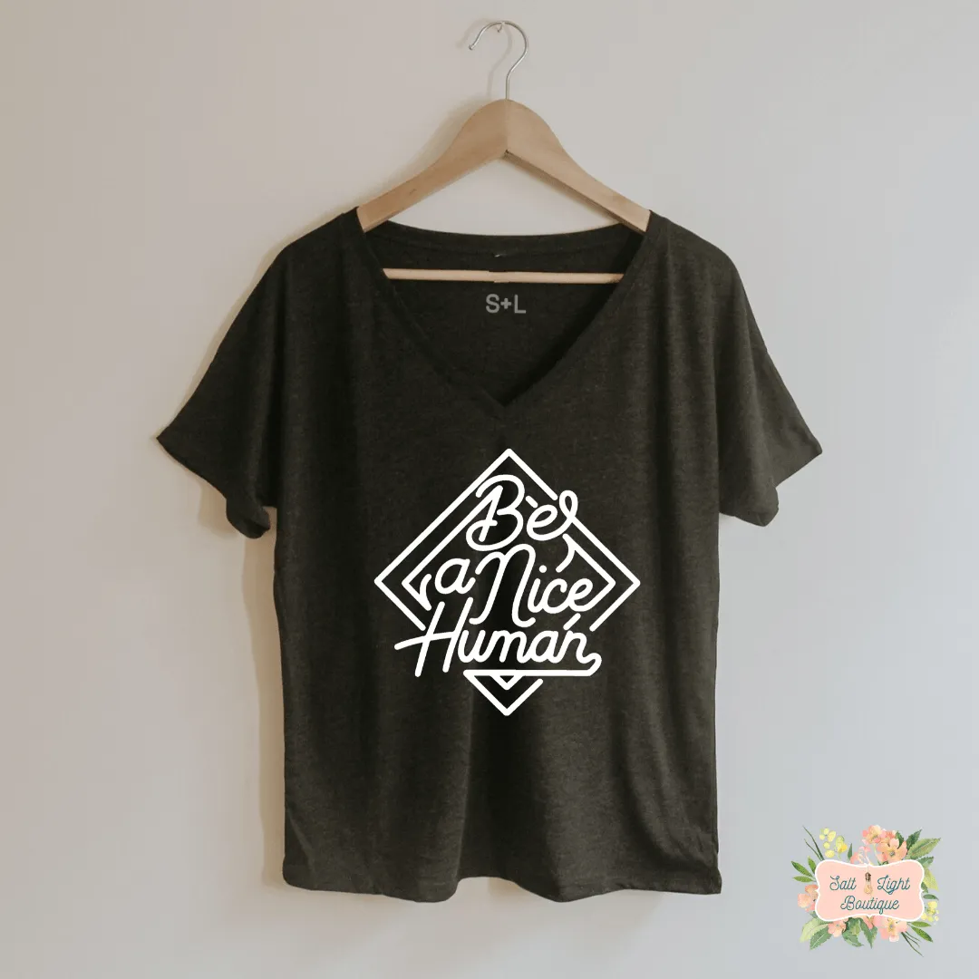 BE A NICE HUMAN WOMENS TRIBLEND VNECK SHIRT