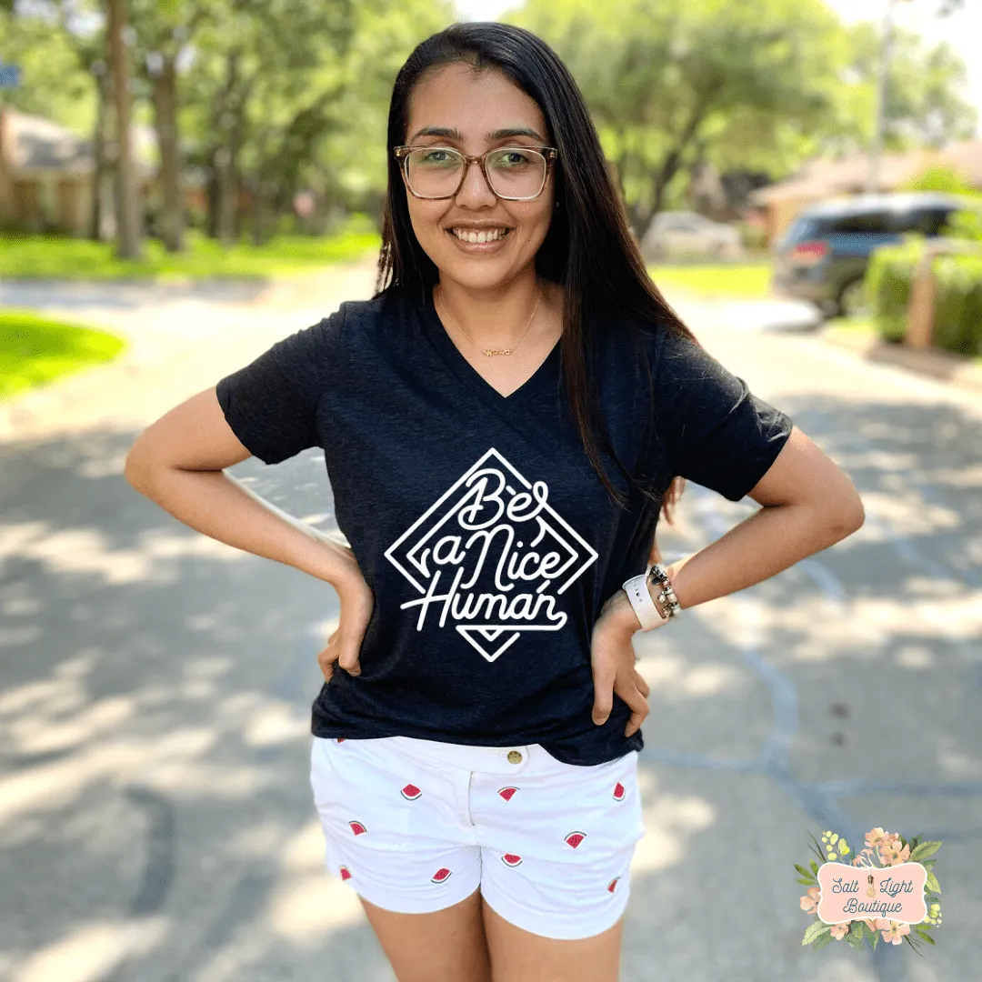 BE A NICE HUMAN WOMENS TRIBLEND VNECK SHIRT