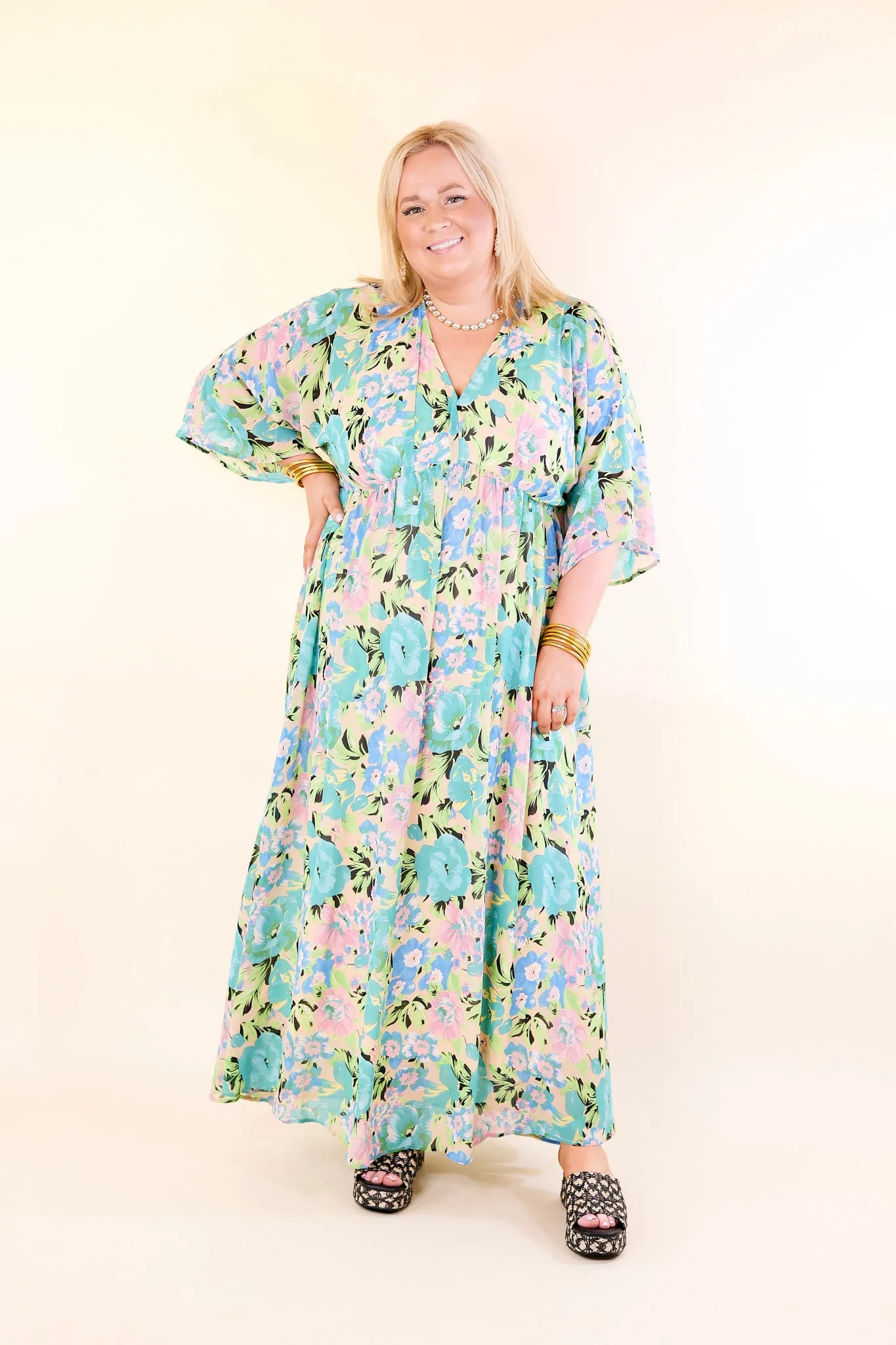 Beautifully Botanical V Neck Floral Print Maxi Dress in Blue and Green Mix