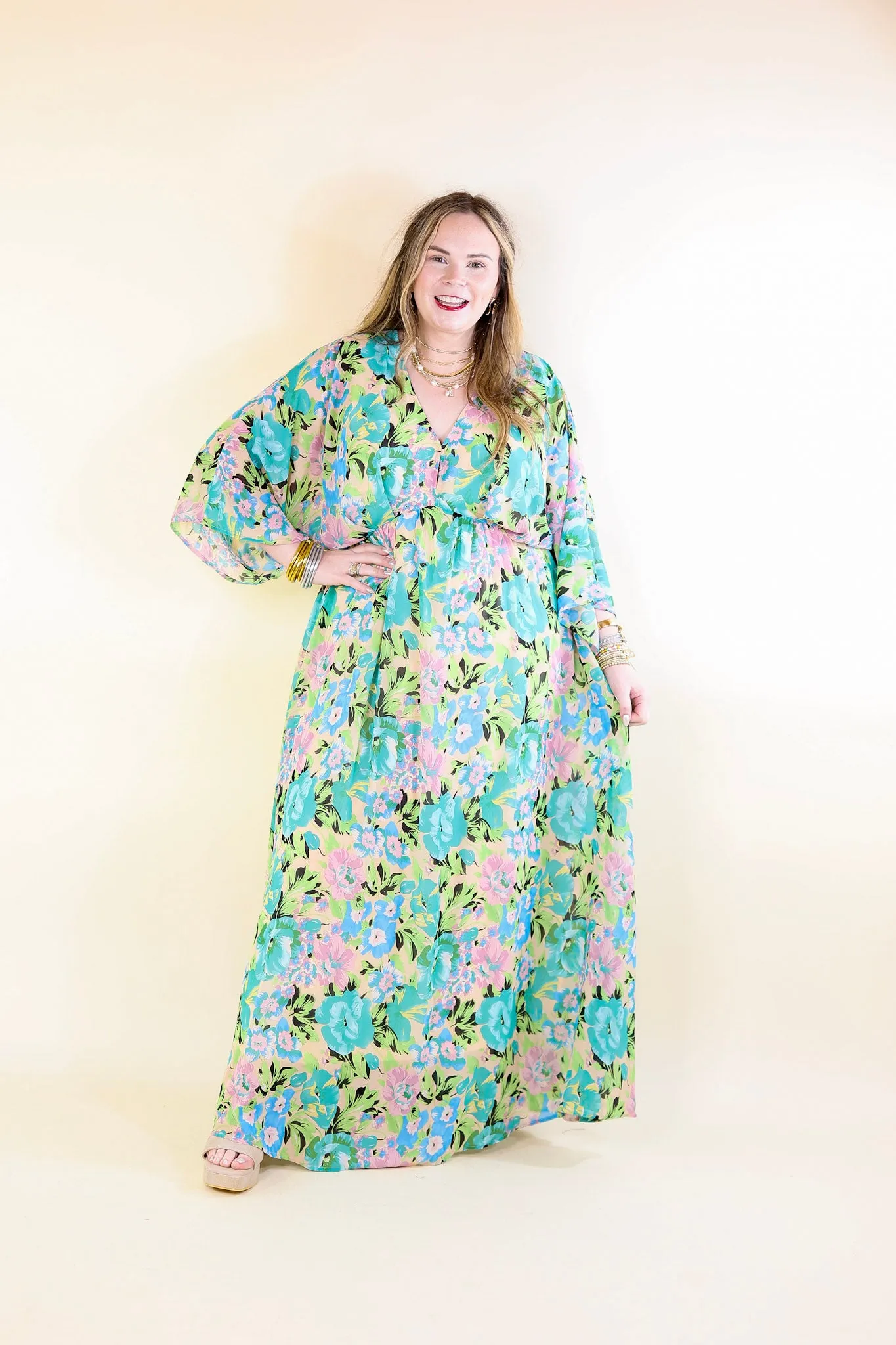 Beautifully Botanical V Neck Floral Print Maxi Dress in Blue and Green Mix