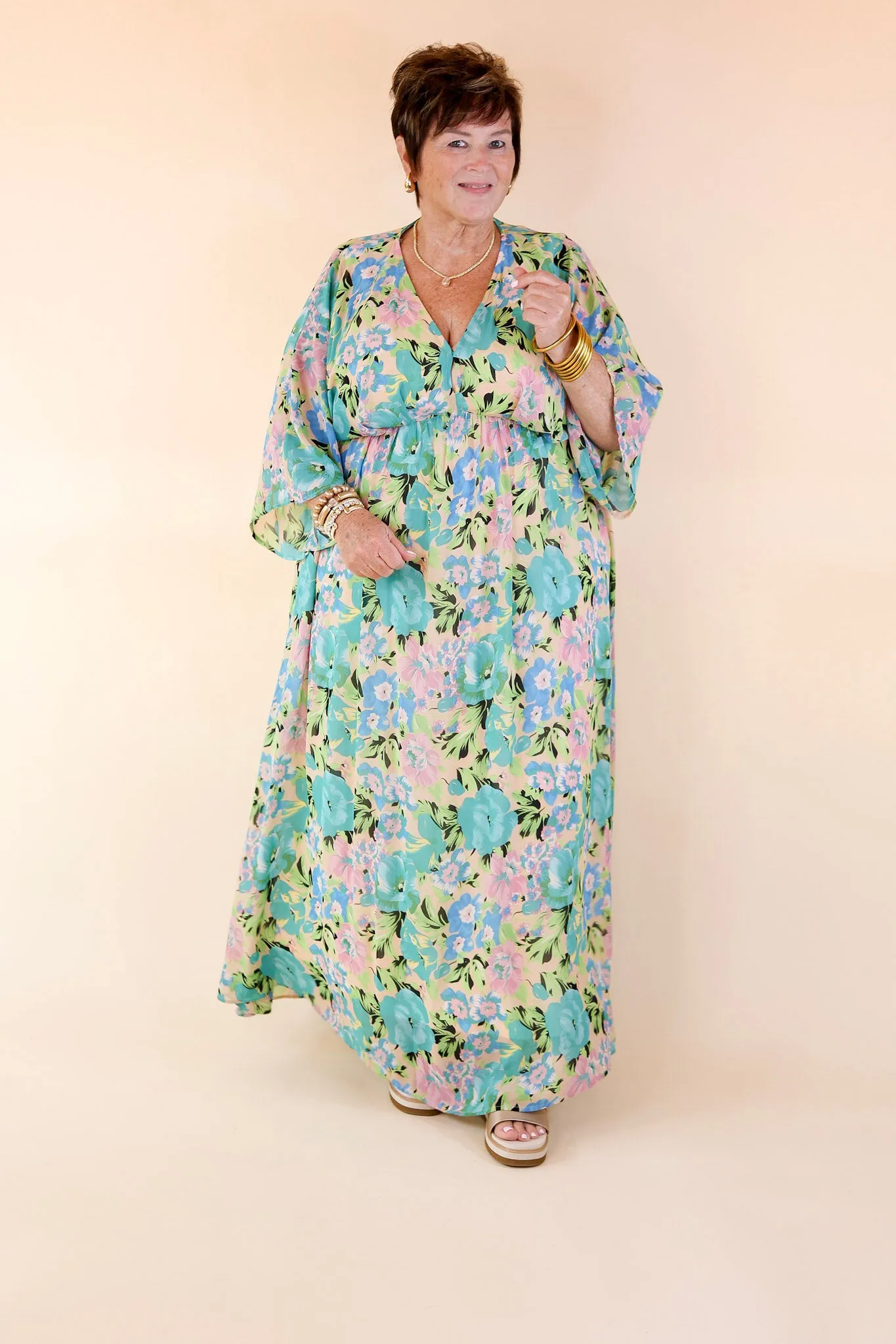 Beautifully Botanical V Neck Floral Print Maxi Dress in Blue and Green Mix