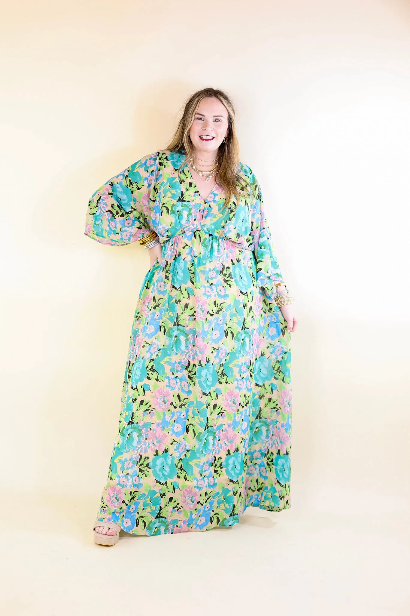 Beautifully Botanical V Neck Floral Print Maxi Dress in Blue and Green Mix