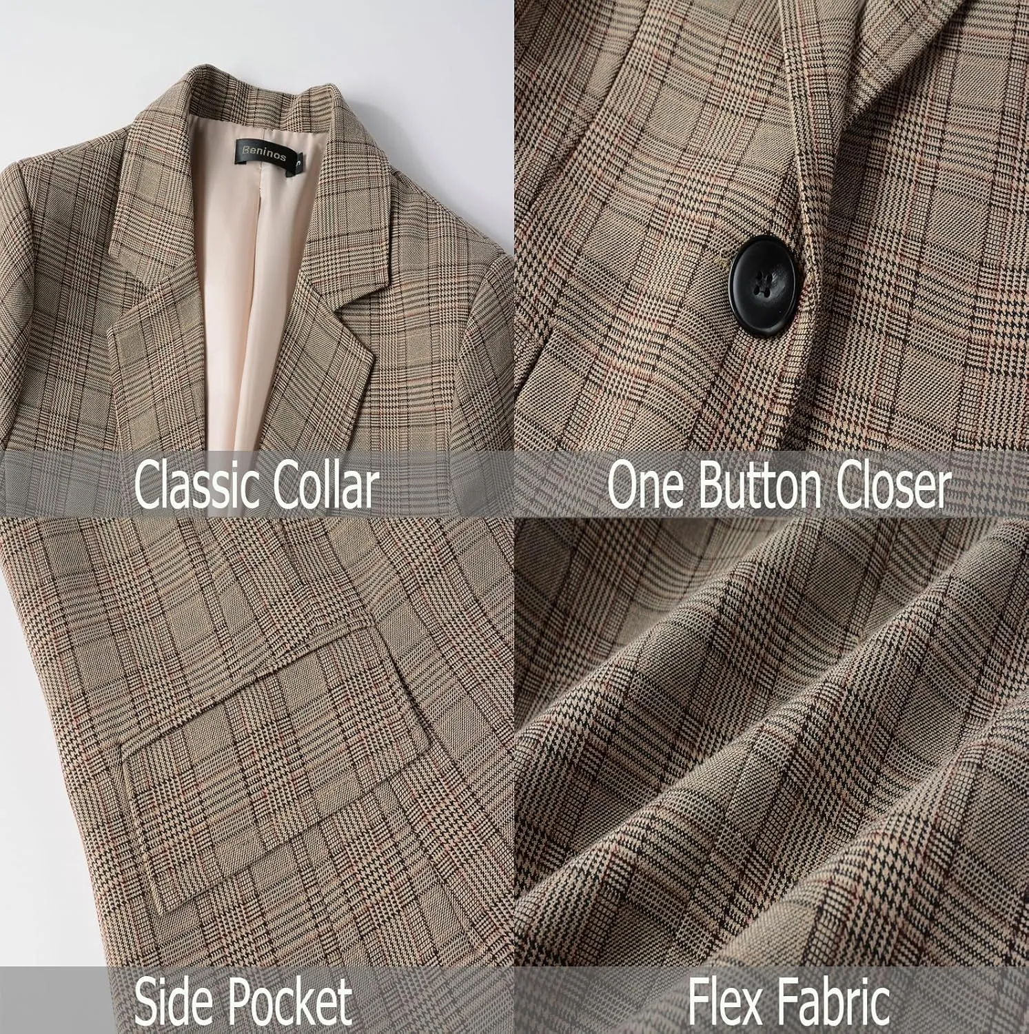 Beninos Womens Casual Blazers One Button Plaid Blazer Jacket