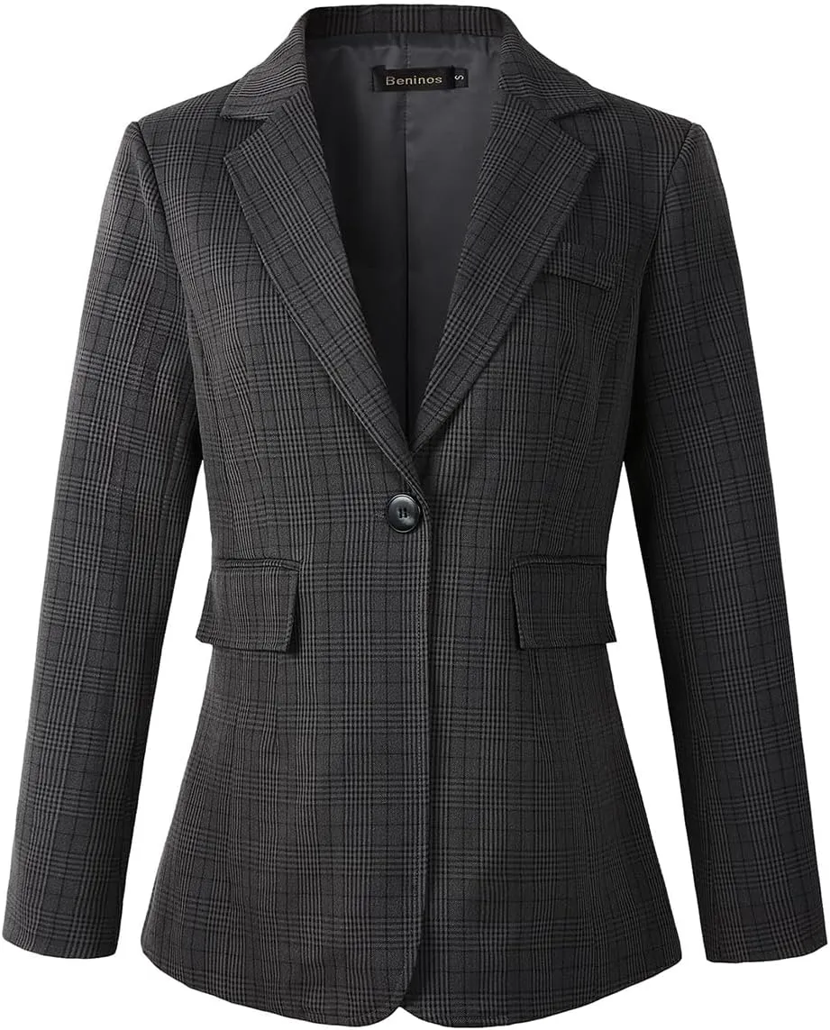 Beninos Womens Casual Blazers One Button Plaid Blazer Jacket