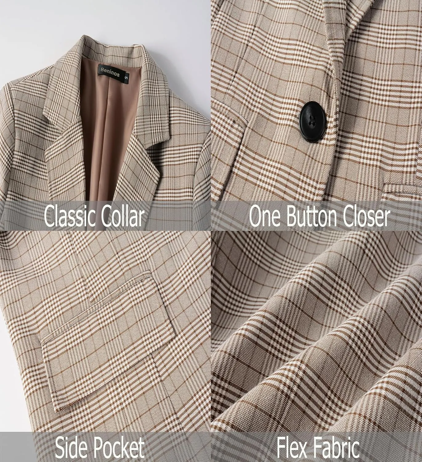 Beninos Womens Casual Blazers One Button Plaid Blazer Jacket