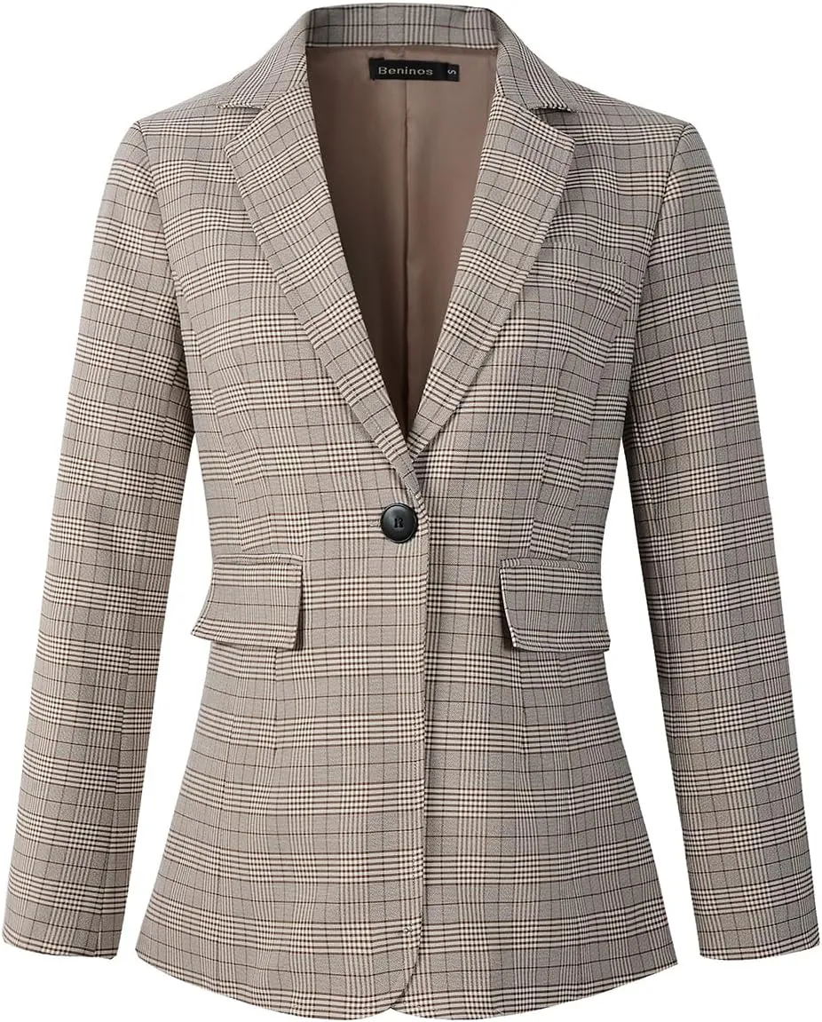 Beninos Womens Casual Blazers One Button Plaid Blazer Jacket