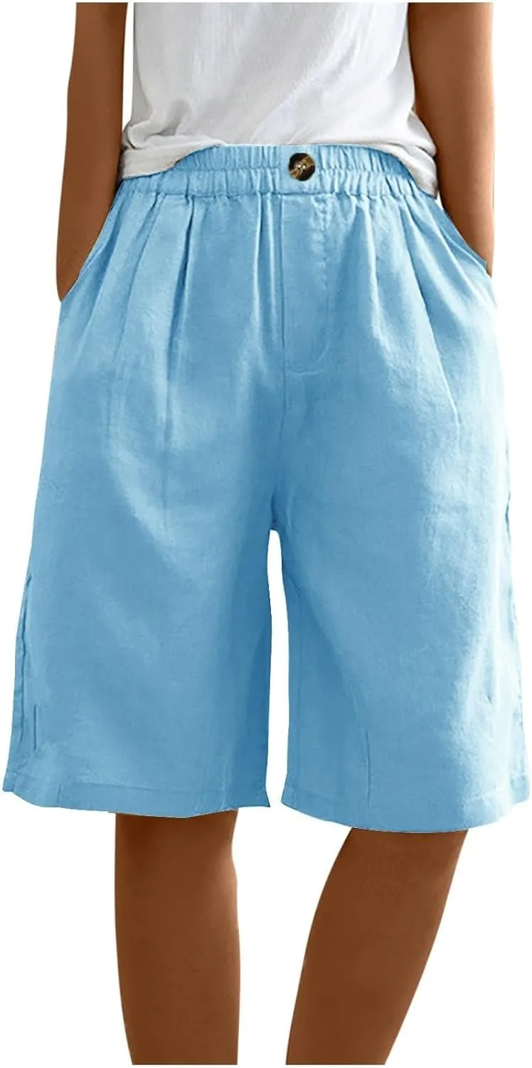 Bermuda Shorts for Women Knee Length Summer Beach Linen Shorts Lightweight Wide Leg High Waisted Long Short w/Pockets