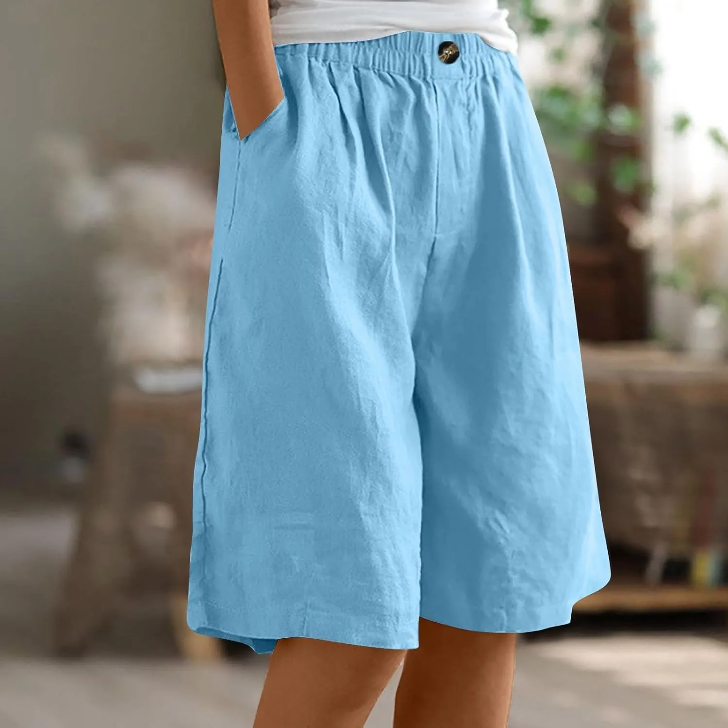 Bermuda Shorts for Women Knee Length Summer Beach Linen Shorts Lightweight Wide Leg High Waisted Long Short w/Pockets