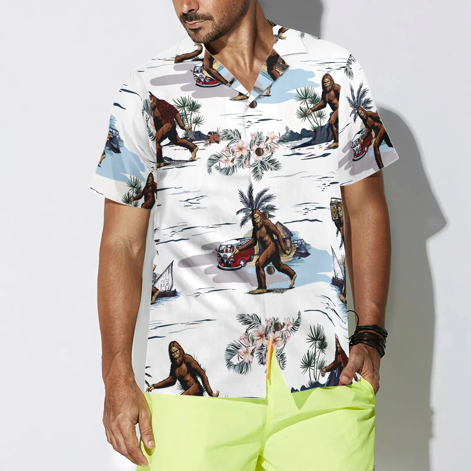Bigfoots Are Ready For Summer Bigfoot Hawaiian Shirt, White Tropical Floral Bus Trip Bigfoot Shirt For Men, Best Gift For Men, Husband, Boyfriend