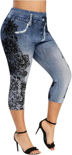 Binmer Women's Denim Capri Jeans Casual High Waisted Skinny Leggings Stretchy Pull On Waisted Casual Pants with Decor Pockets