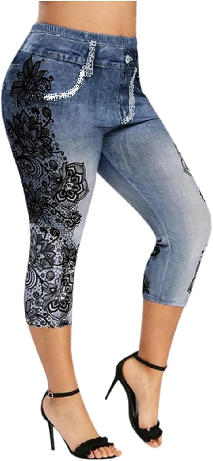 Binmer Women's Denim Capri Jeans Casual High Waisted Skinny Leggings Stretchy Pull On Waisted Casual Pants with Decor Pockets