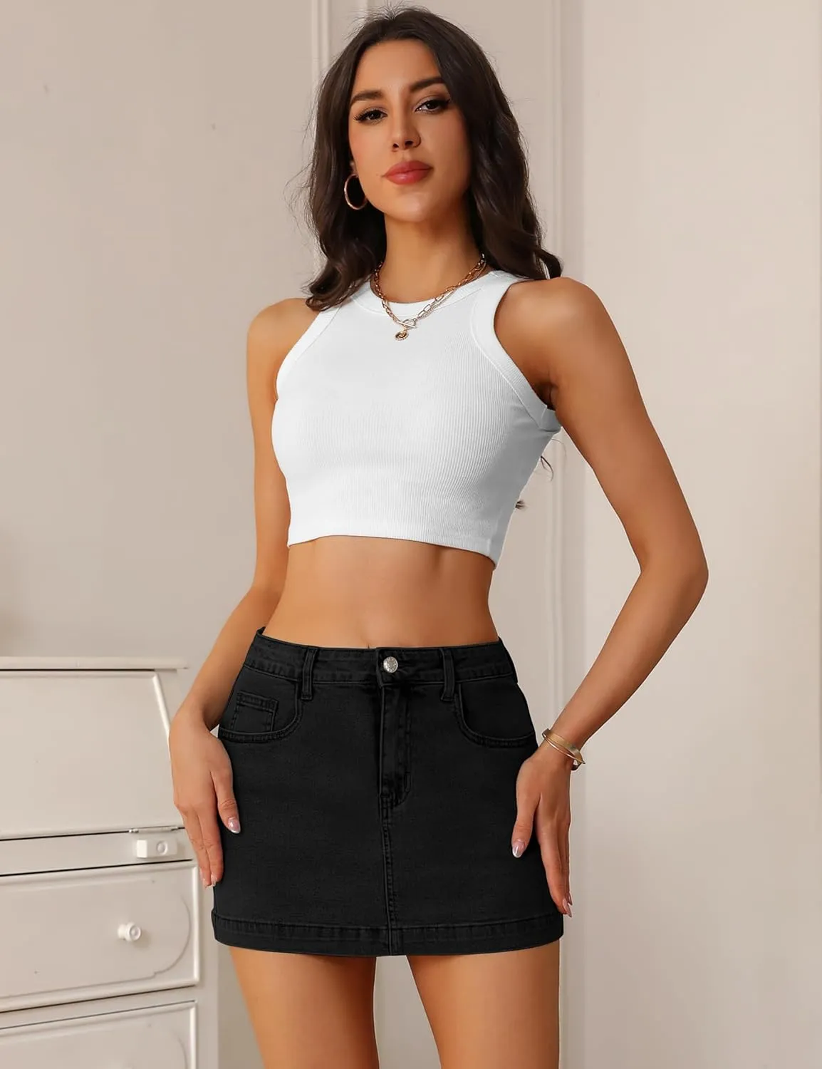 BISUAL Denim Skirt Women Casual Denim Mini Skirt High Waisted Denim Skort Slim Fit Jean Skirt Summer Jean Skort with Pocket