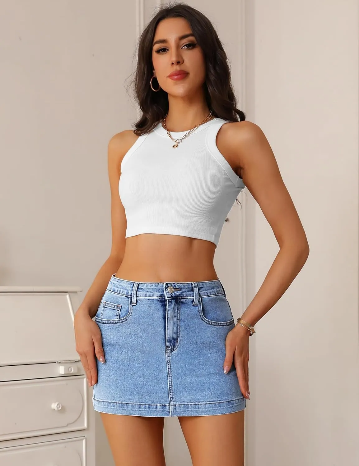 BISUAL Denim Skirt Women Casual Denim Mini Skirt High Waisted Denim Skort Slim Fit Jean Skirt Summer Jean Skort with Pocket