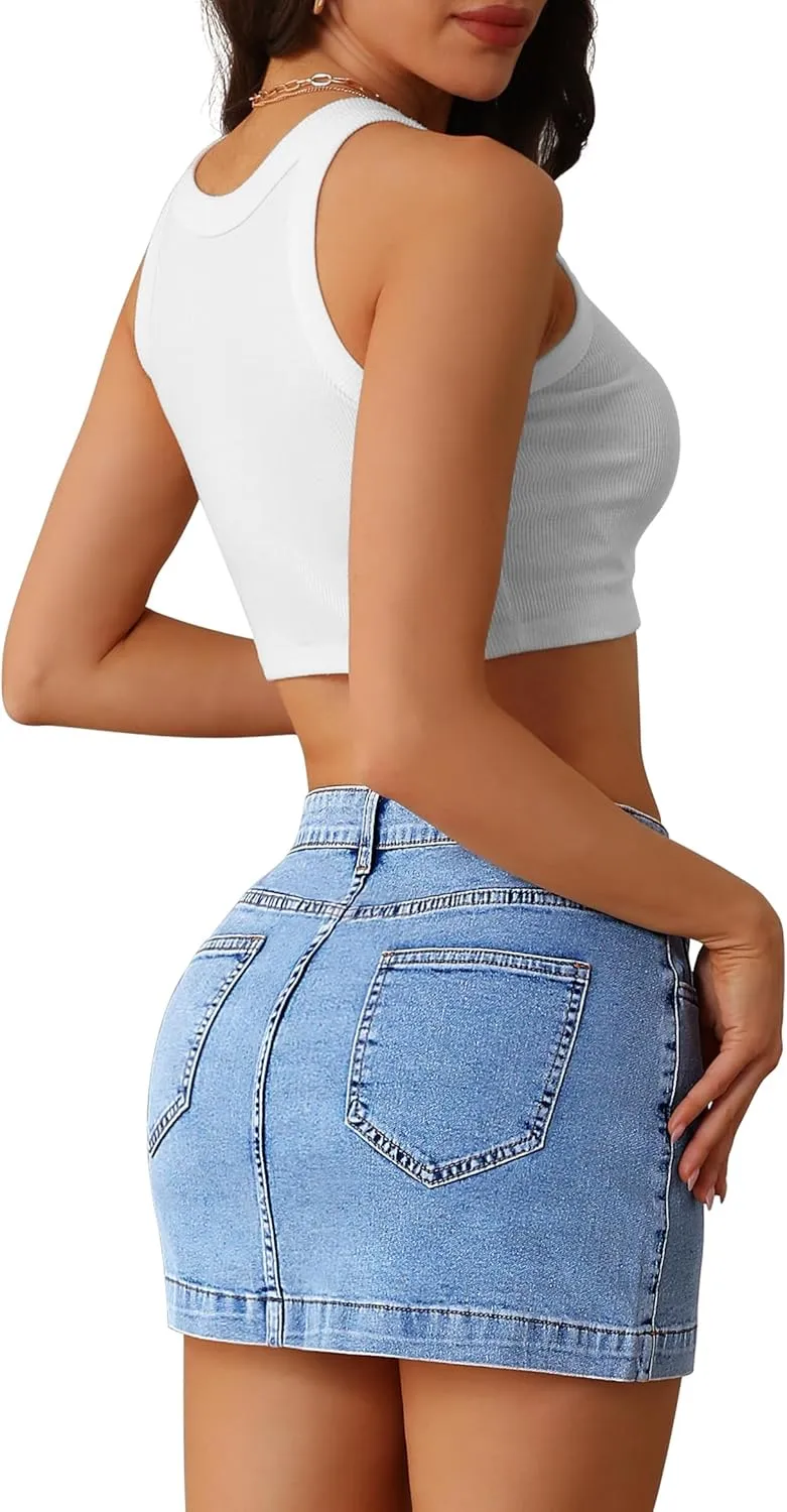 BISUAL Denim Skirt Women Casual Denim Mini Skirt High Waisted Denim Skort Slim Fit Jean Skirt Summer Jean Skort with Pocket