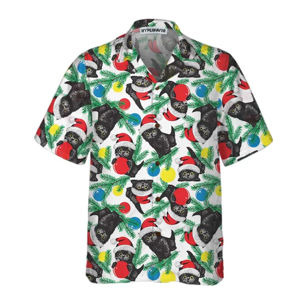 Black Cat Hawaiian Shirt , Cat Wearing Santa Hat , Funny Christmas Cat Shirt  - Perfect Gift For Friends, Husband, Boyfriend, Girlfriend, Family