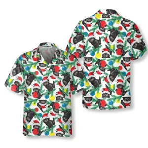 Black Cat Hawaiian Shirt , Cat Wearing Santa Hat , Funny Christmas Cat Shirt  - Perfect Gift For Friends, Husband, Boyfriend, Girlfriend, Family