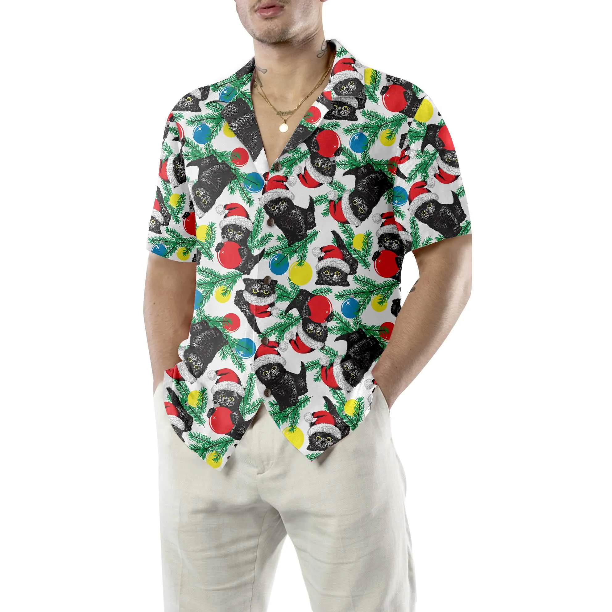 Black Cat Hawaiian Shirt , Cat Wearing Santa Hat , Funny Christmas Cat Shirt  - Perfect Gift For Friends, Husband, Boyfriend, Girlfriend, Family